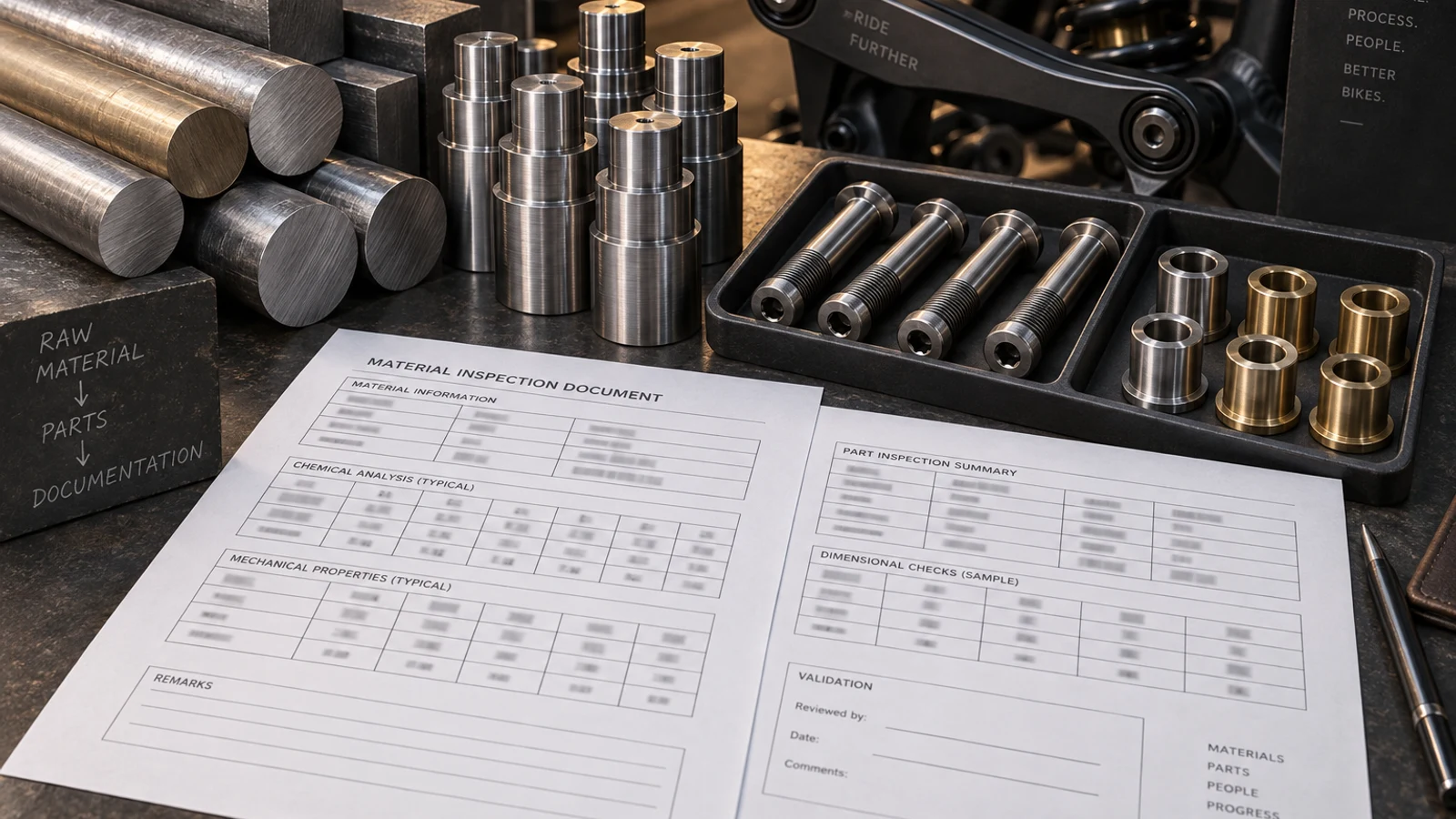 Concept documentation-review arrangement with bar stock, turned blanks, finished pivot hardware and unsigned illustrative inspection sheets; no genuine certificate, test results or validation signature shown.