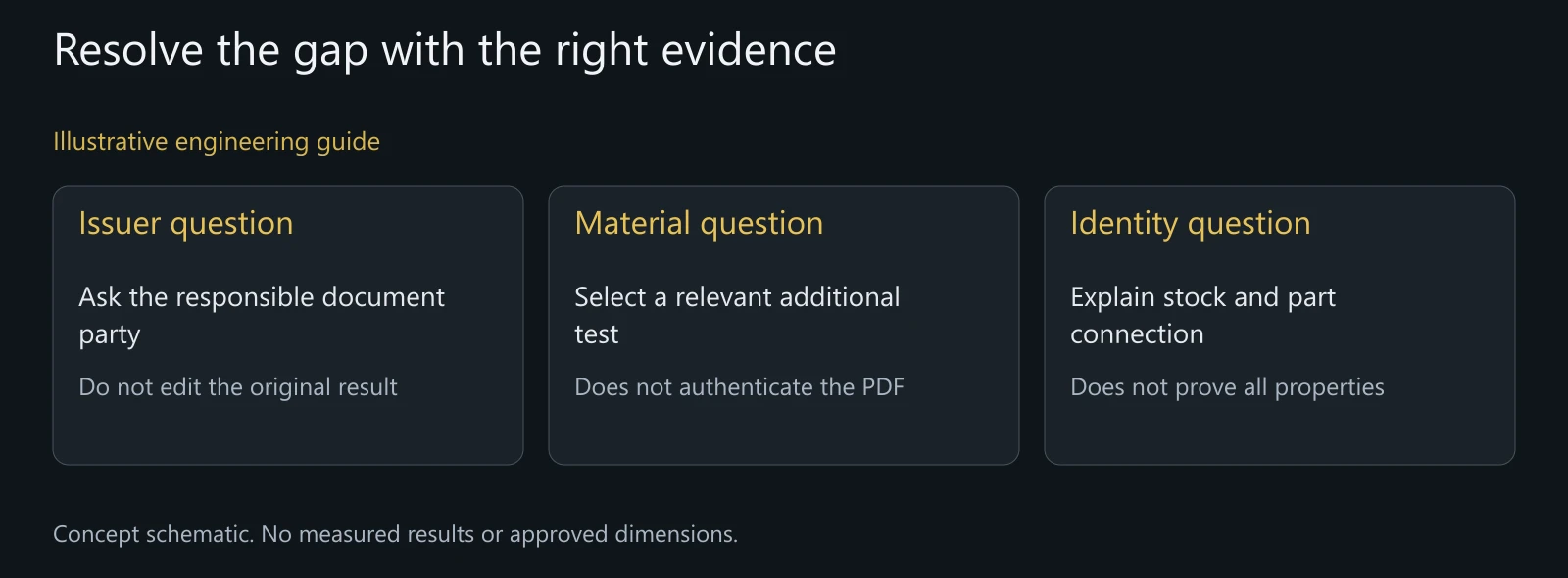Illustrative comparison of issuer clarification, targeted material testing and identity evidence; no test or acceptance outcome shown.