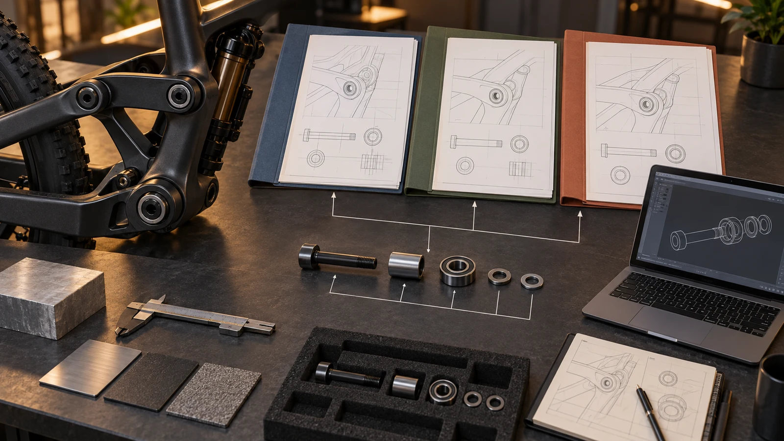 Concept bicycle pivot hardware and neutral document folders illustrating reference mapping, not actual national standards, conformity certificates or approval.