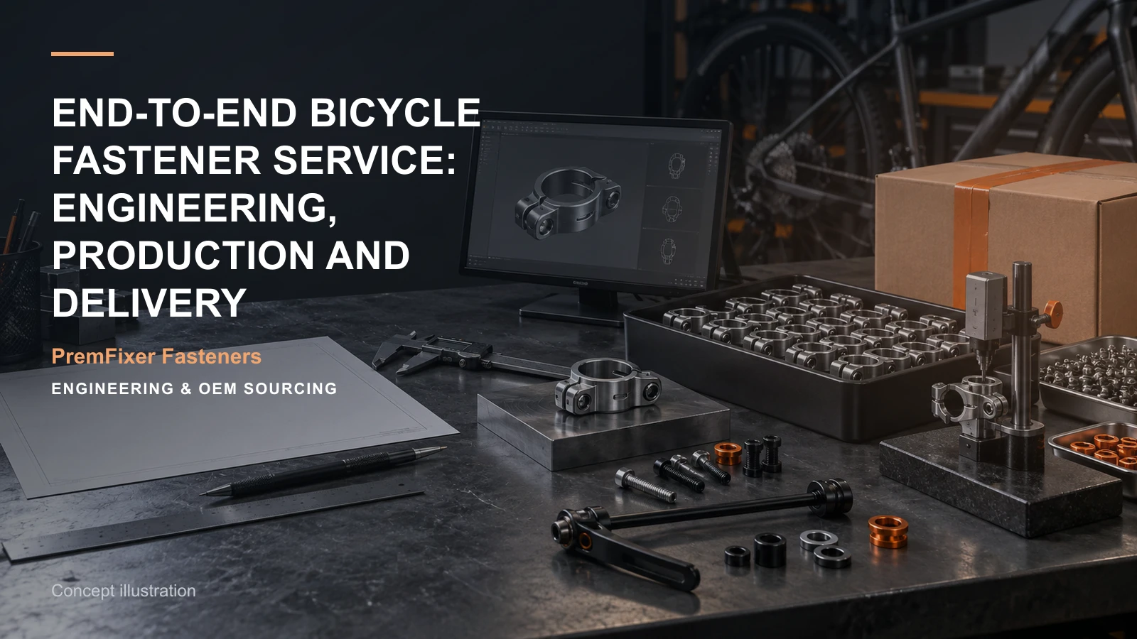 Concept illustration connecting drawing, DFM proposal and sample in a bicycle hardware project.