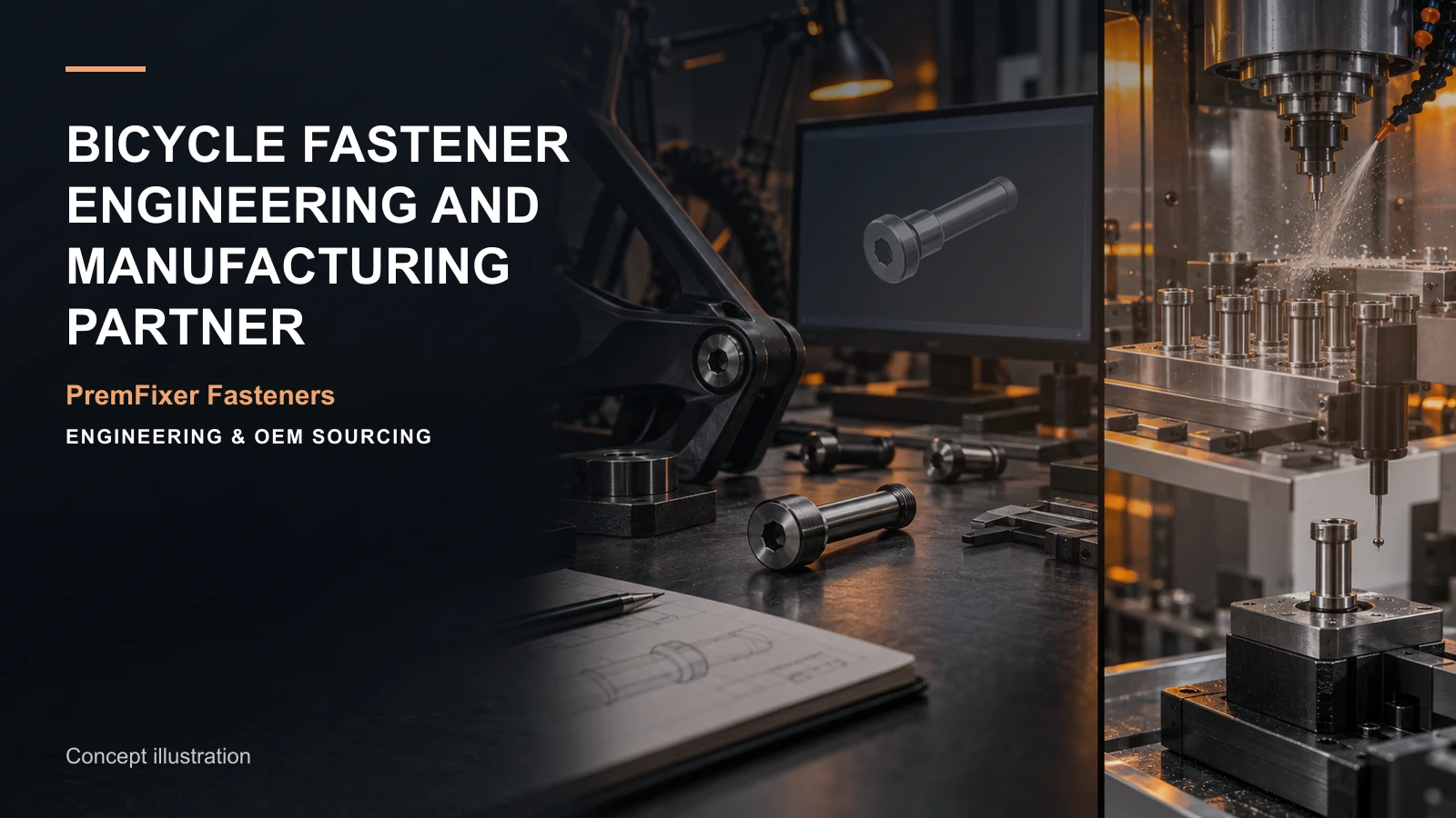 Conceptual split engineering and manufacturing environment connected by one bicycle fastener from drawing to CNC production.