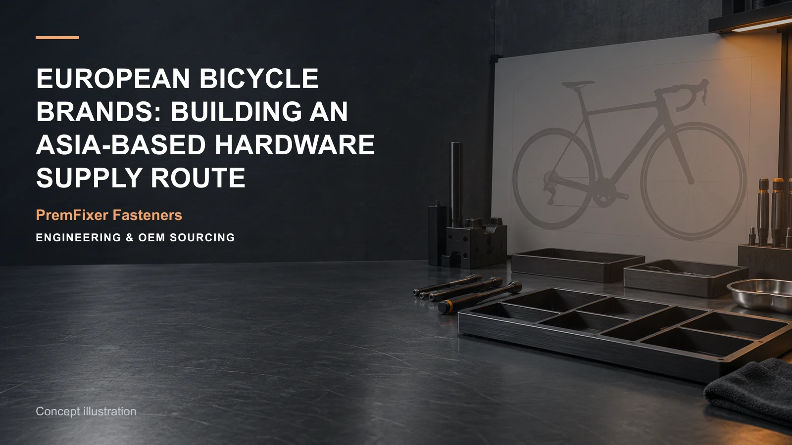 Conceptual engineering workspace introducing European-brand hardware supply projects for bicycle and electric-mobility OEM teams.