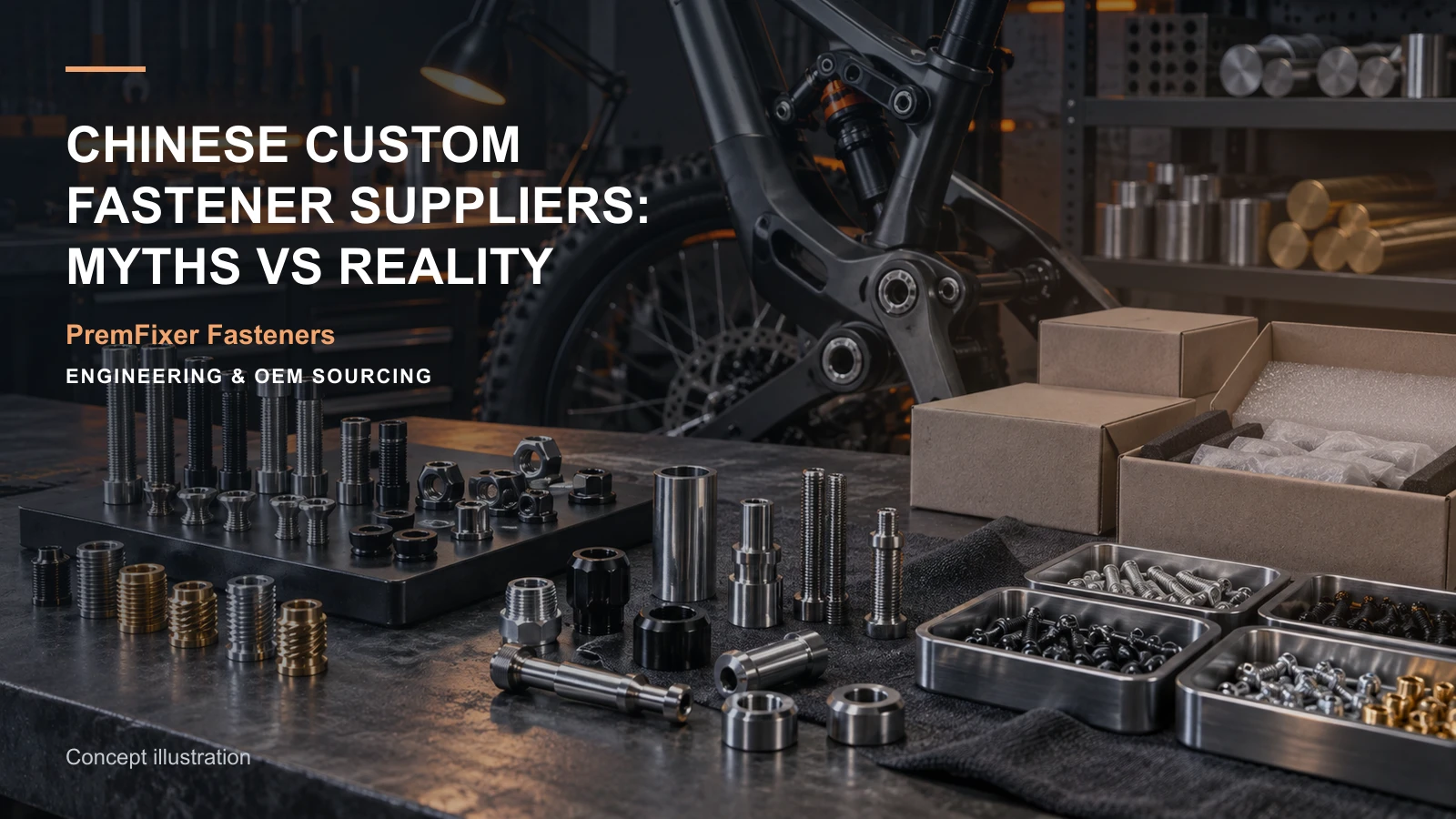Editorial concept for evaluating Chinese custom suppliers without stereotypes with cards for comparable supplier matrix, supplier introduction pathway, functional scope statement.