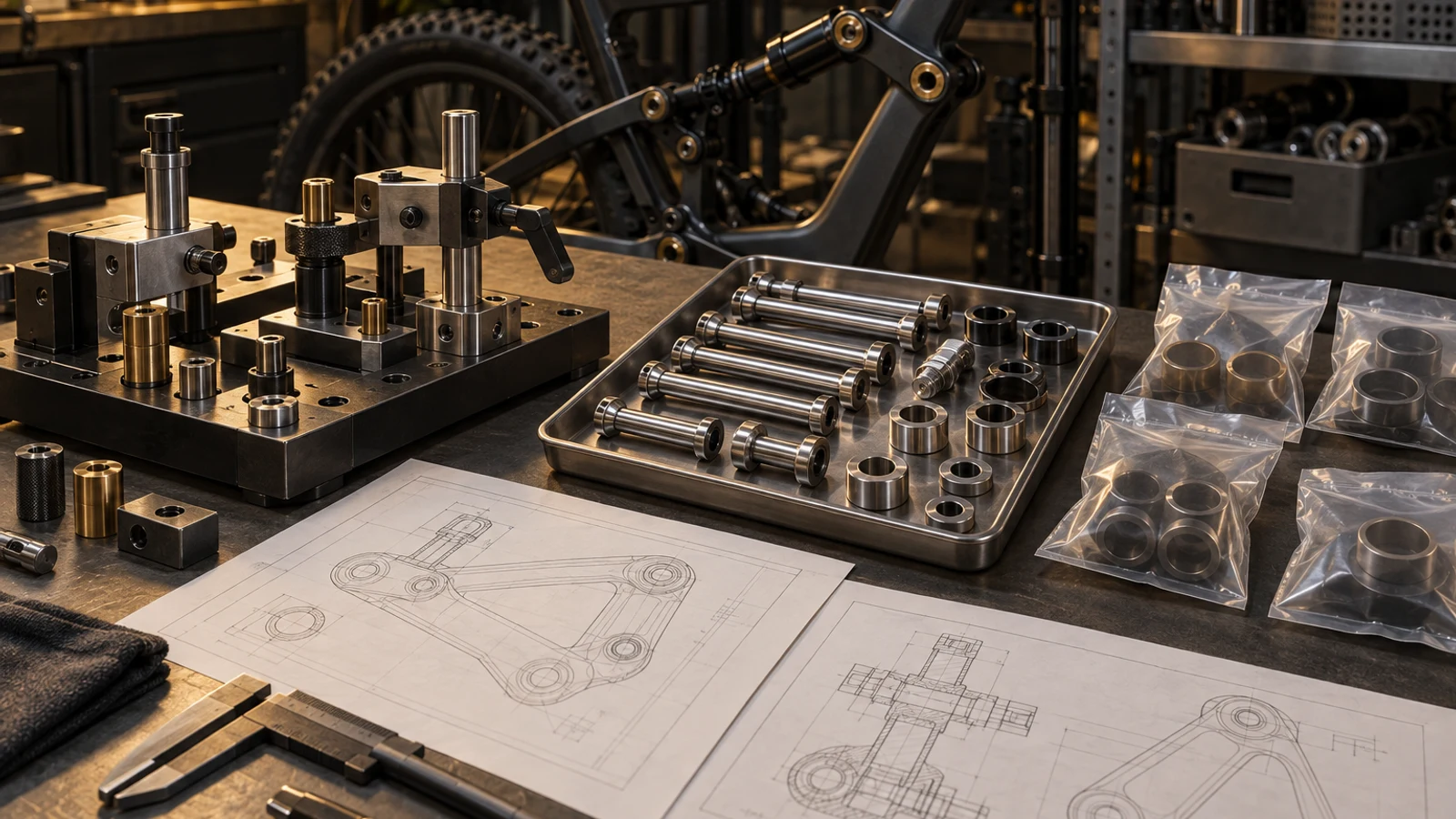 Concept existing modular fixture, matched pivot stock and separately wrapped bearings illustrating different reuse reviews without approved tools or actual surplus inventory.