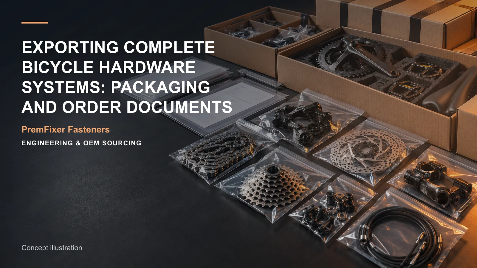 Concept illustration connecting kit packing list, material record and inspection summary in a bicycle hardware project.