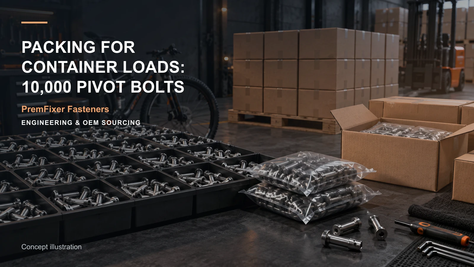Editorial concept for export packing for ten-thousand-piece orders with cards for packaging selection table, lot genealogy map, export document map.