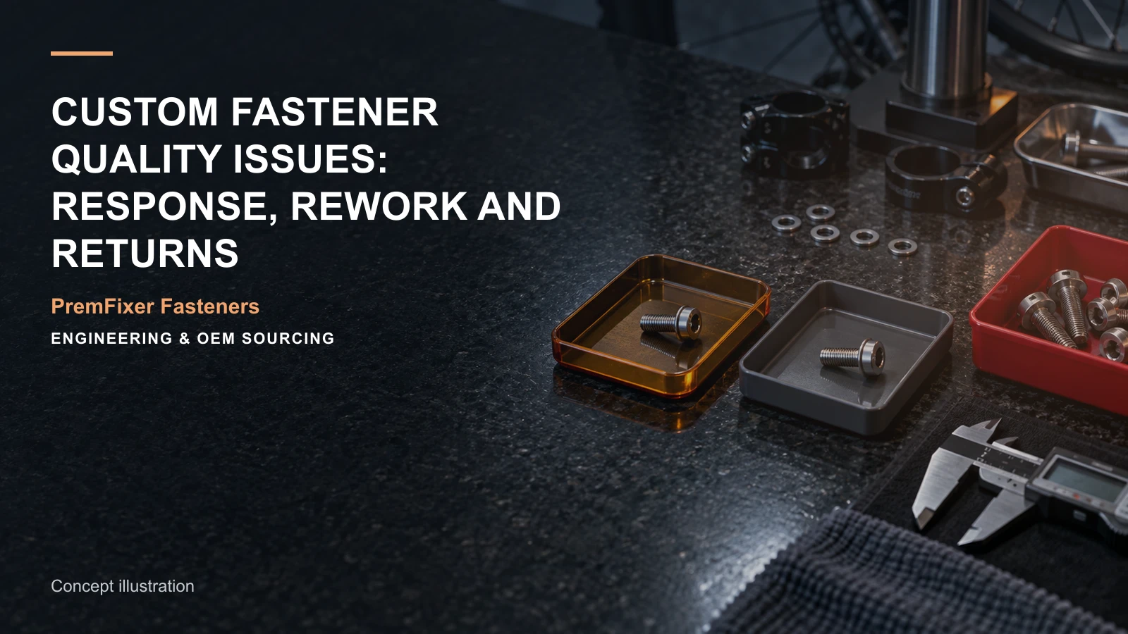 Conceptual engineering workspace introducing a reported fastener quality issue for bicycle and electric-mobility OEM teams.