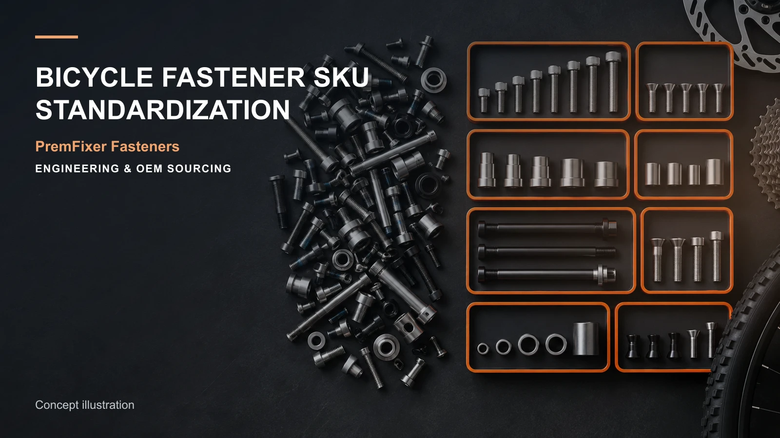 Conceptual top-down comparison of scattered bicycle fastener variants and a controlled common hardware family.