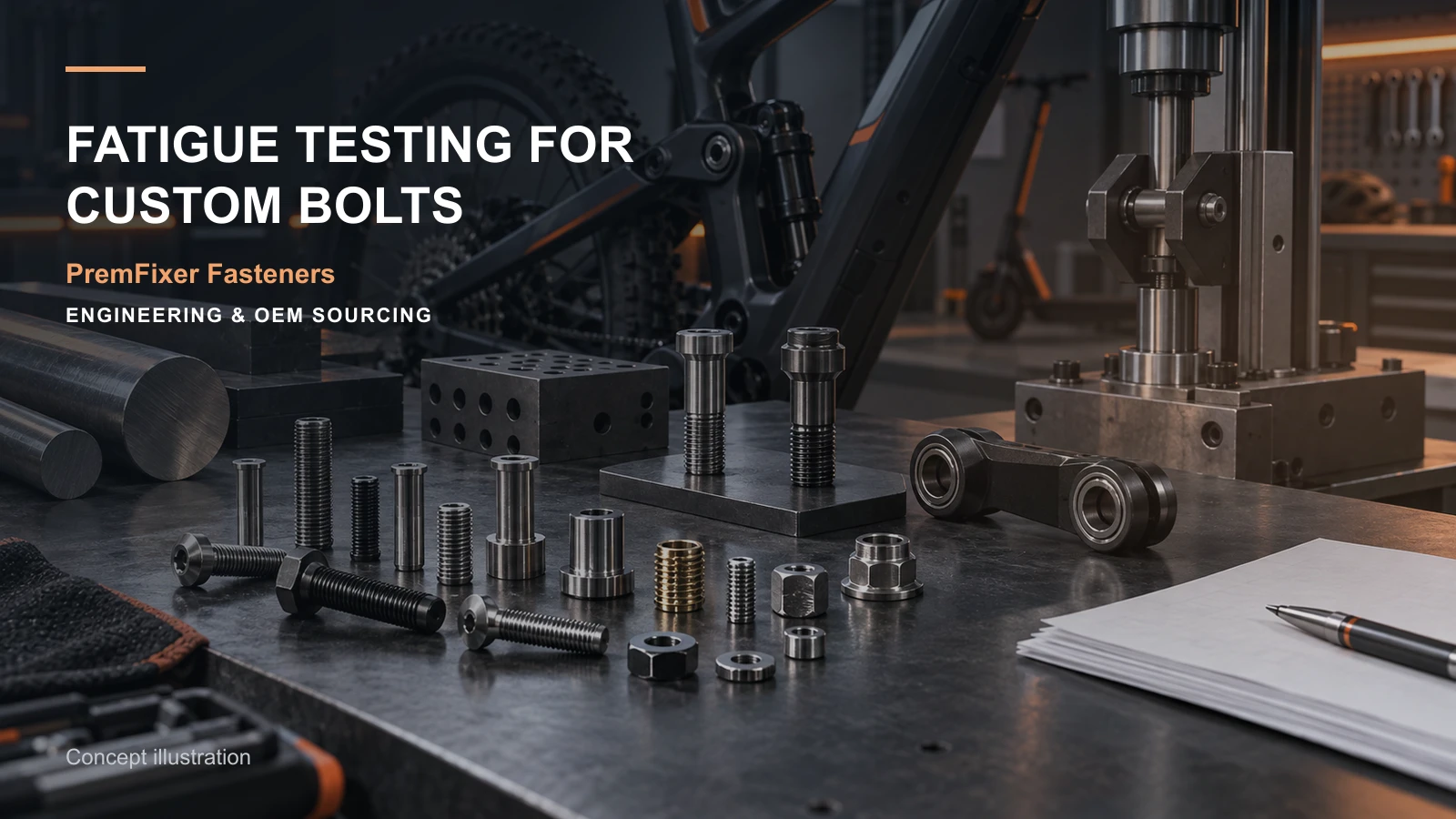 Editorial concept for fatigue testing of custom bolts with cards for fatigue-test specification map, material selection record, analysis scope map.