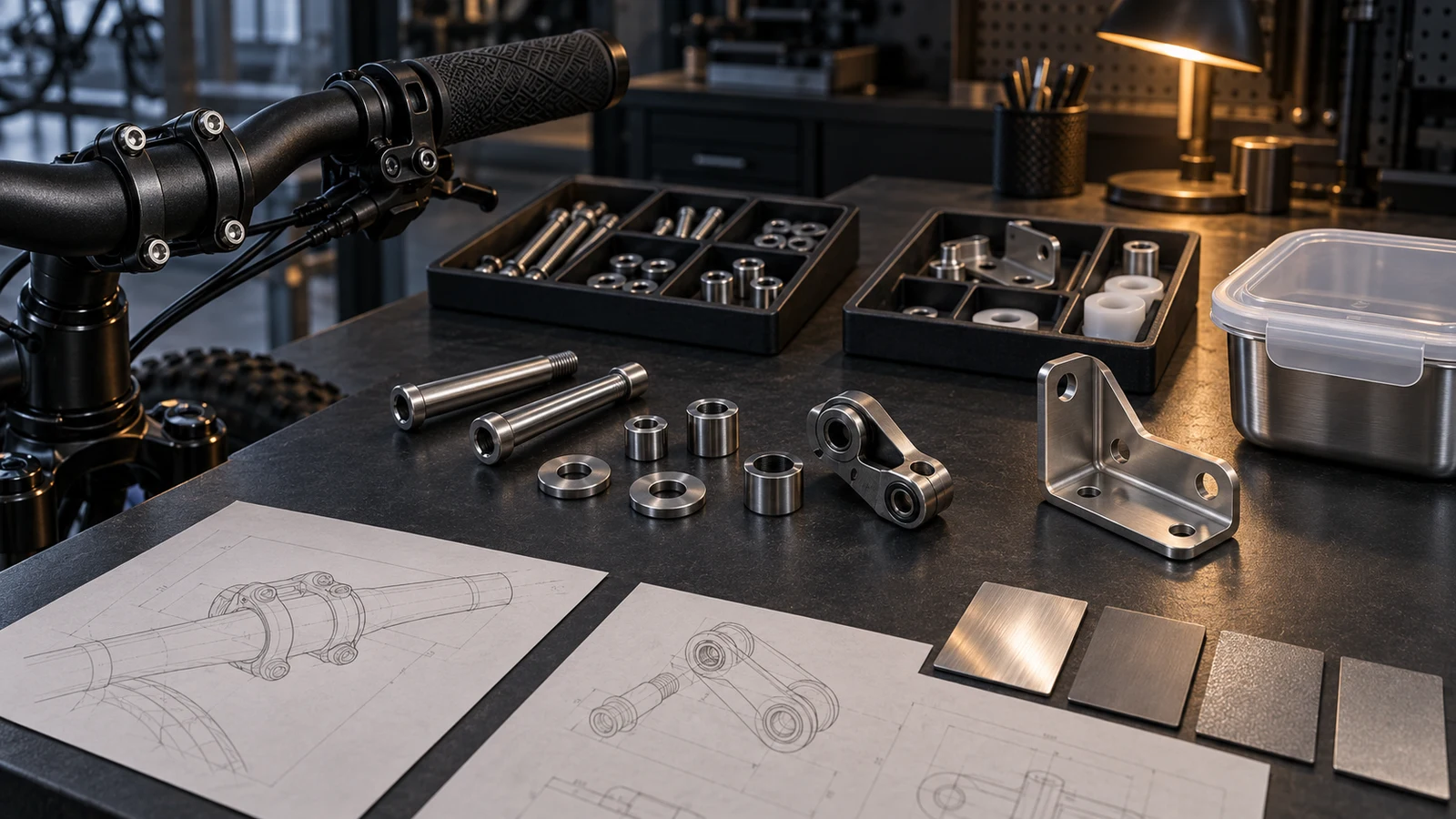 Concept desk separating a bicycle clamp and pivot hardware from an equipment bracket and closed container, illustrating intended-use review rather than food-contact certification.