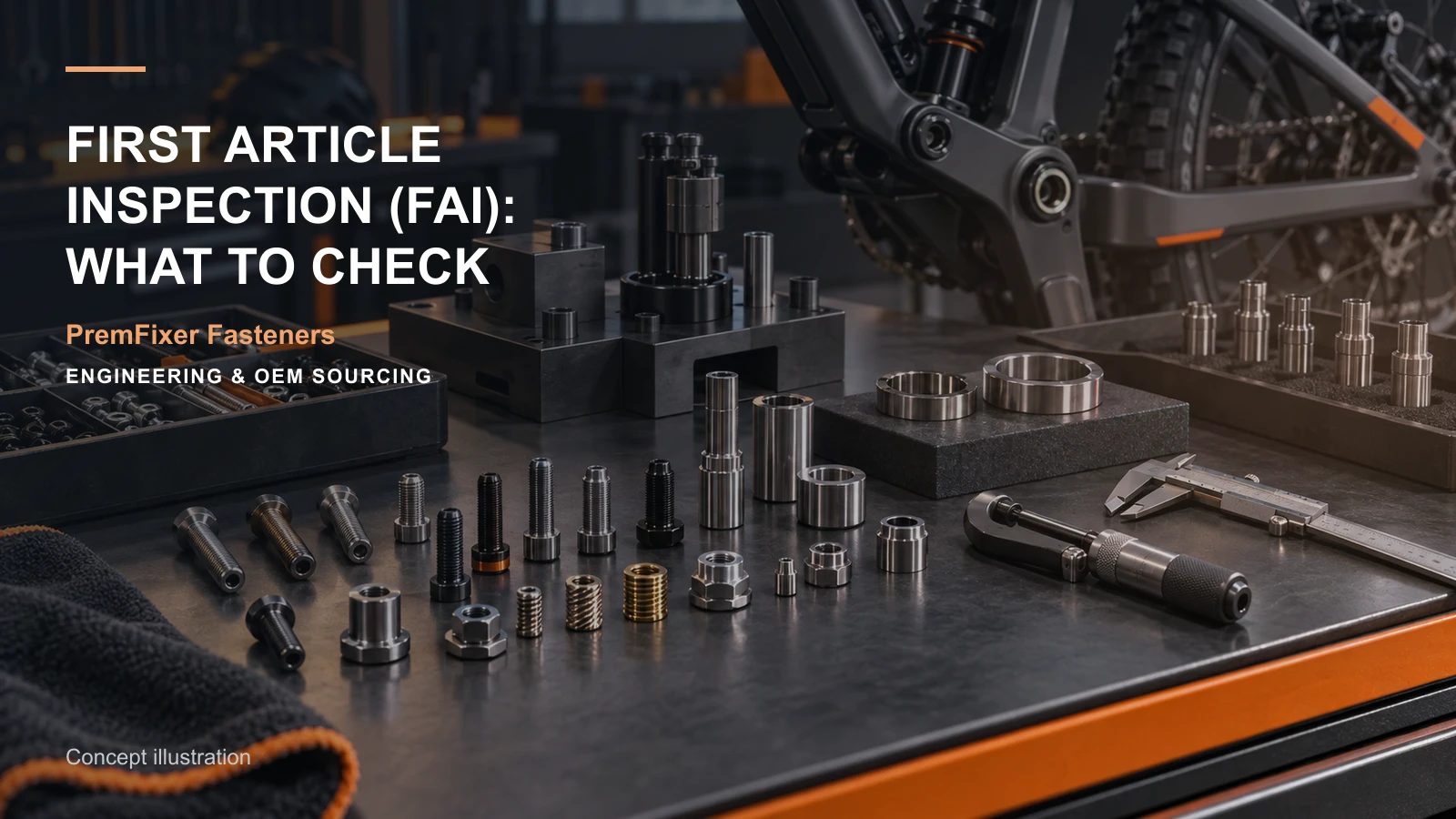 Editorial concept for first-article inspection of custom components with cards for first-article report structure, drawing-and-model input map, material selection record.