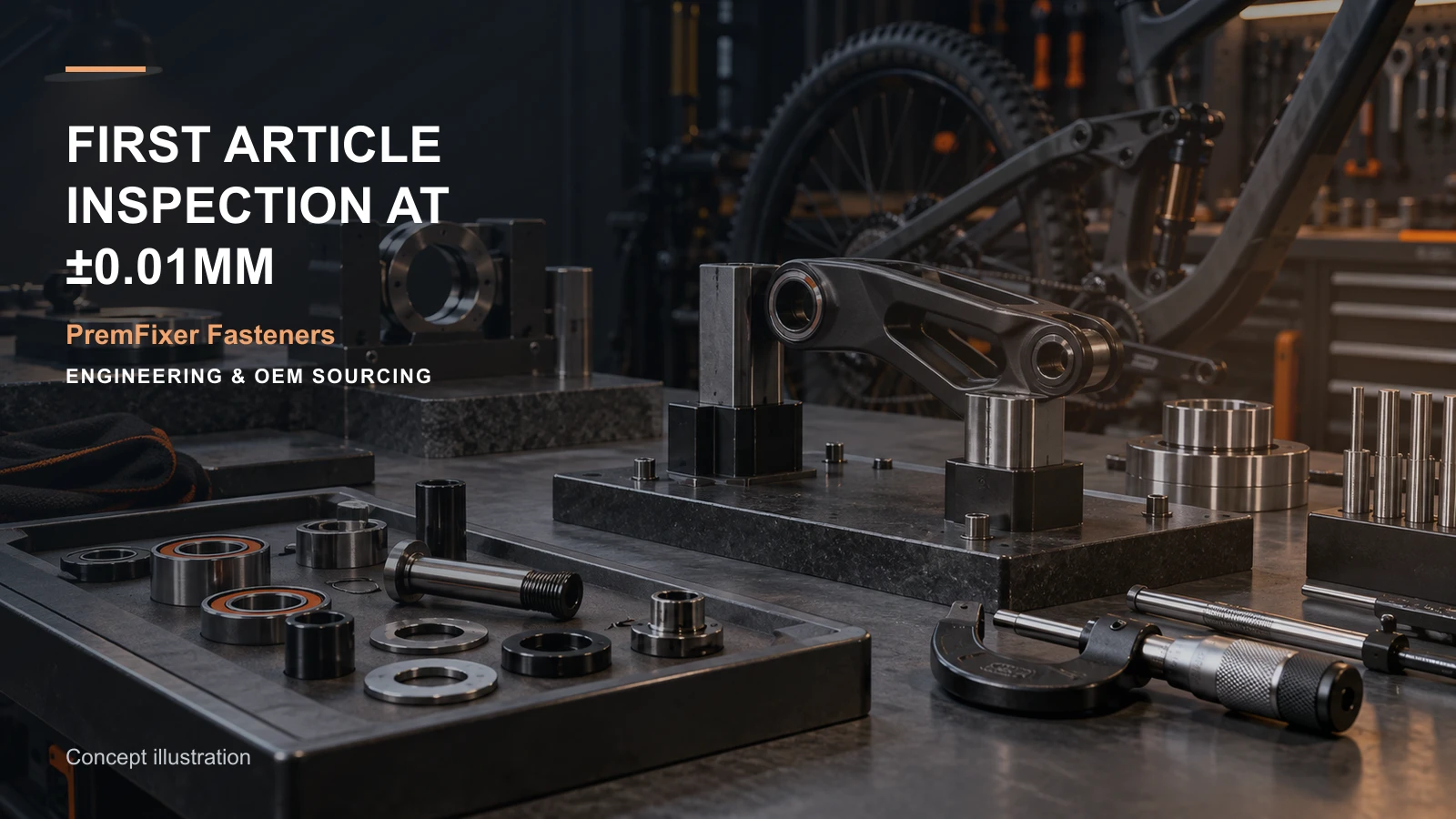 Editorial concept for first-article inspection of precision pivots with cards for first-article report structure, feature-to-inspection map, inspection-method matrix.