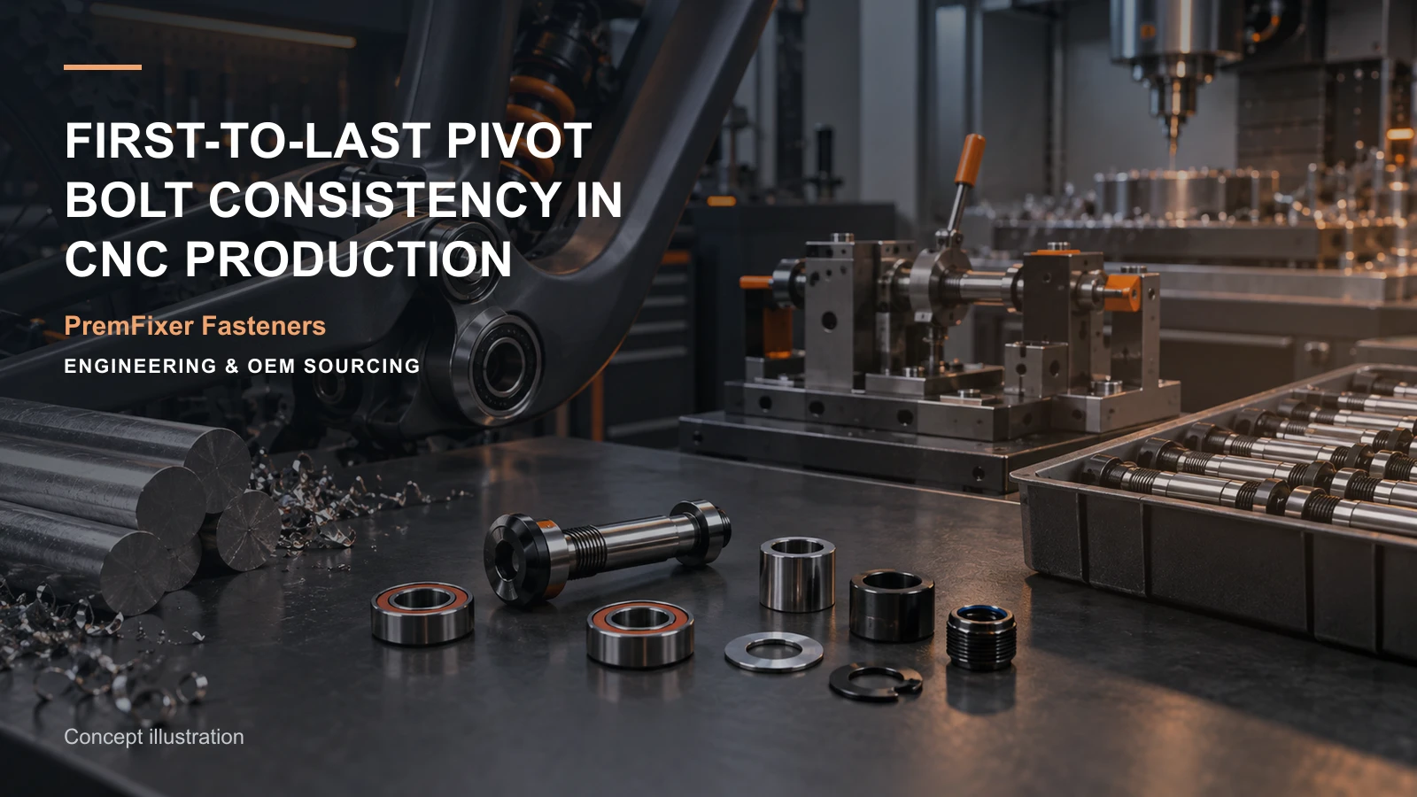Concept illustration for First-to-Last Pivot Bolt Consistency in CNC Production.