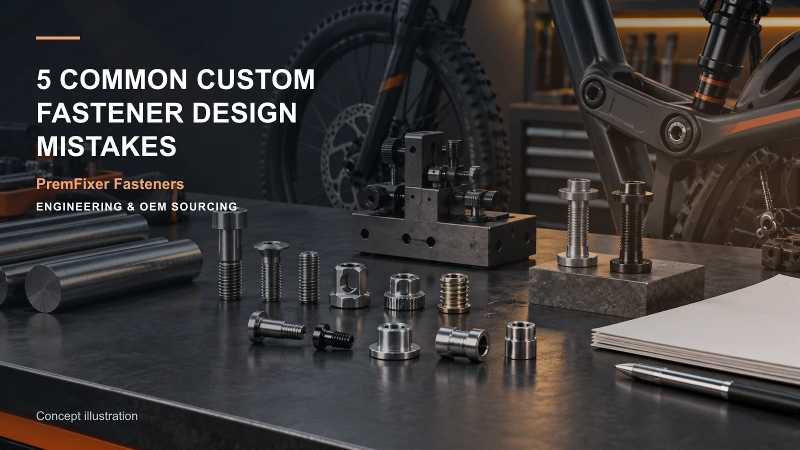 Editorial concept for five custom fastener design errors with cards for feature-to-inspection map, material selection record, effective engagement definition.