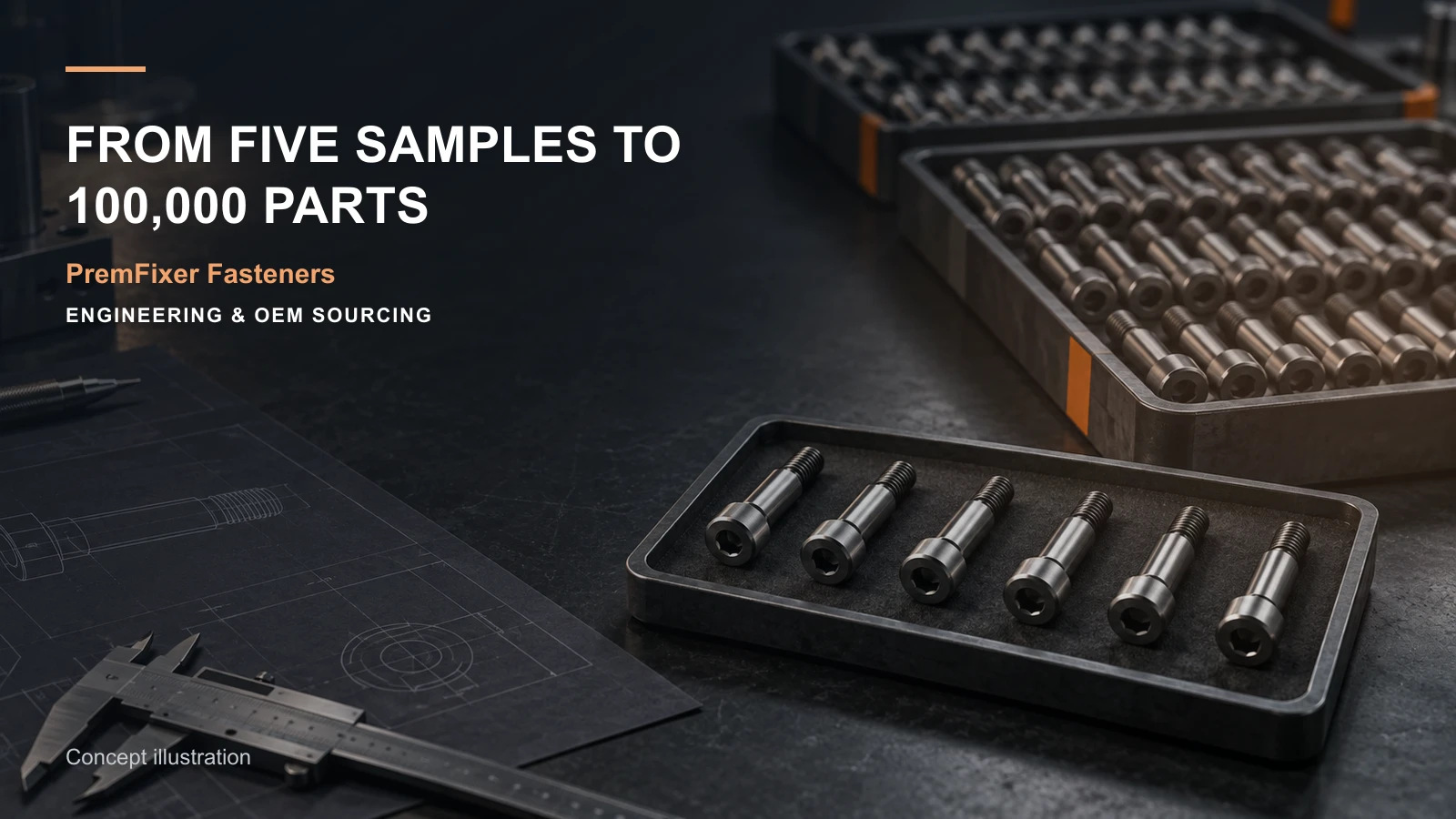 Five bicycle fastener development samples progressing through pilot trays into organized high-volume production lots.