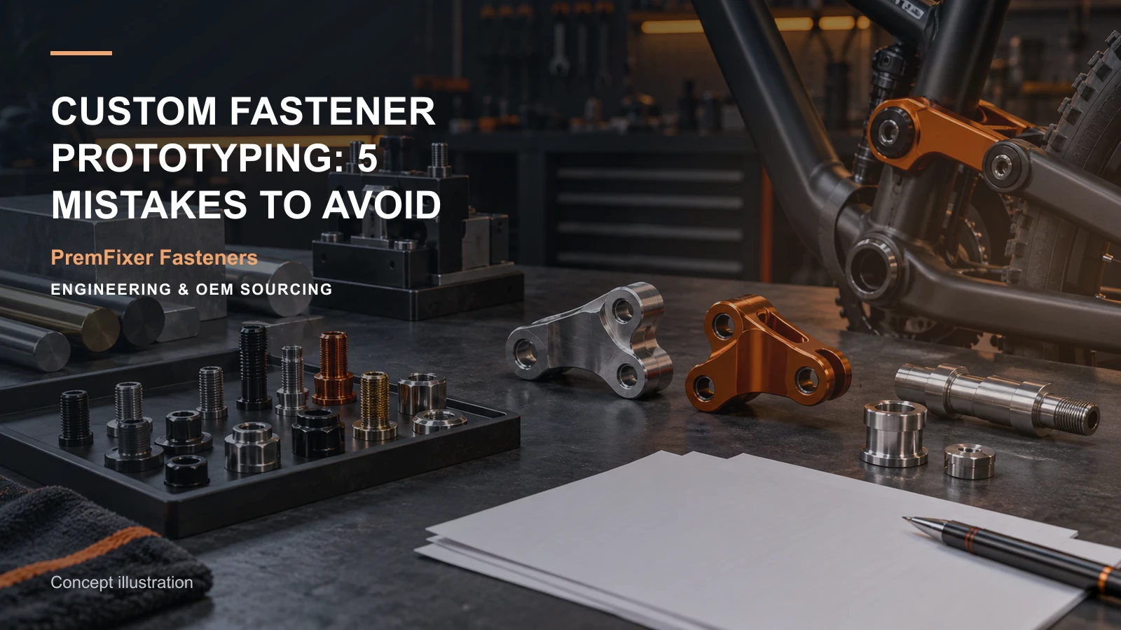Editorial concept for five prototype mistakes in custom fasteners with cards for allowance-and-finished-size map, tolerance allocation map, material selection record.