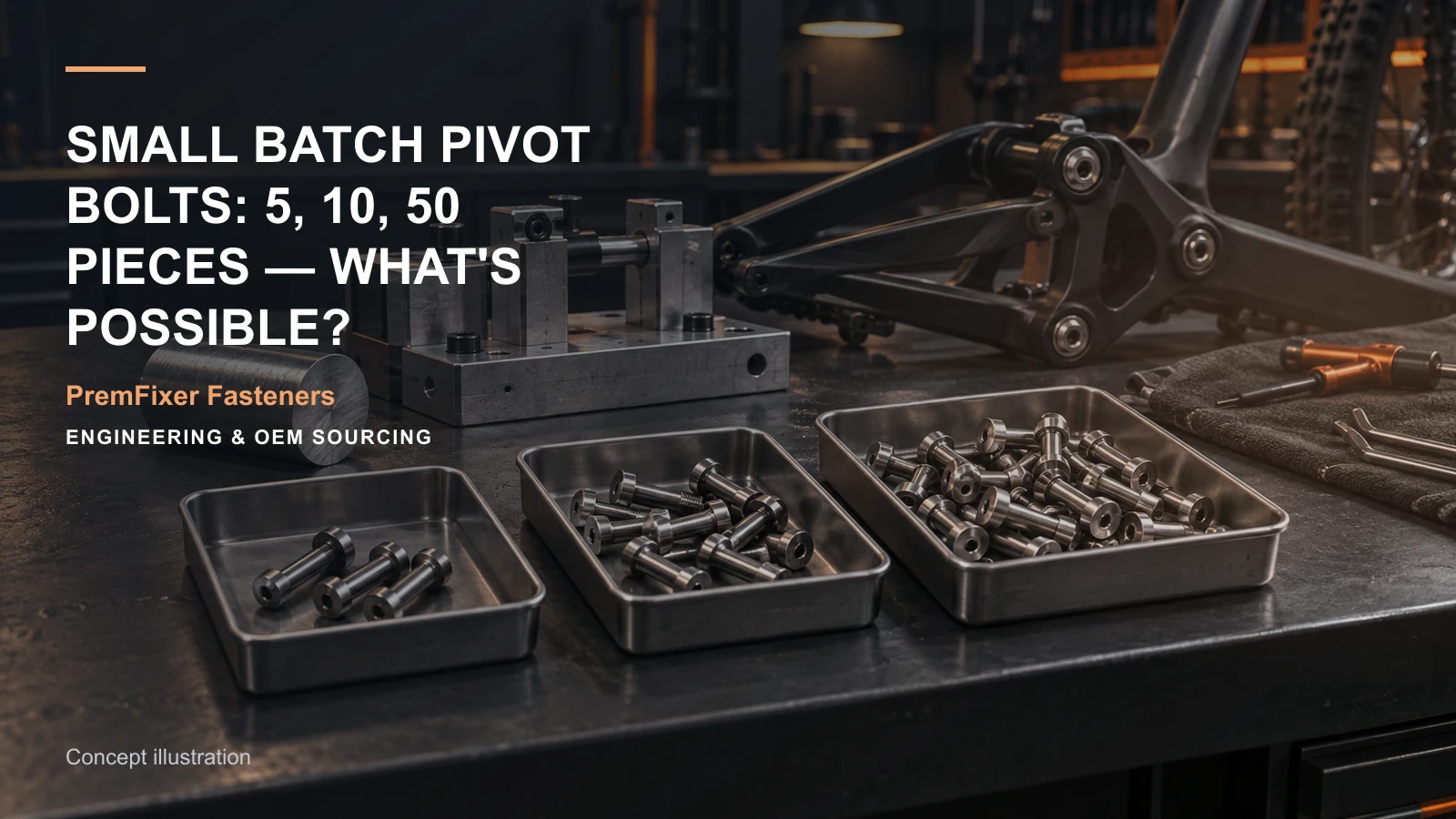 Editorial concept for five ten and fifty-piece pivot orders with cards for small-batch order matrix, comparable quantity-price model, sample milestone schedule.
