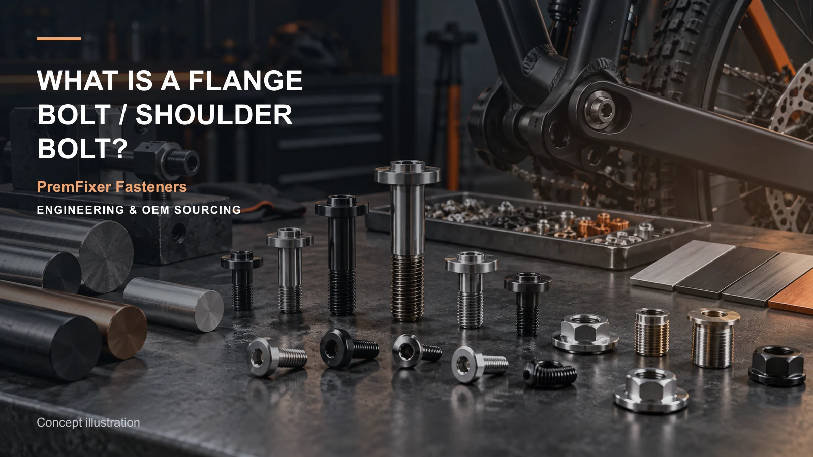 Editorial concept for flange and shoulder bolt functions with cards for head-and-shoulder function map, functional scope statement, feature-to-inspection map.