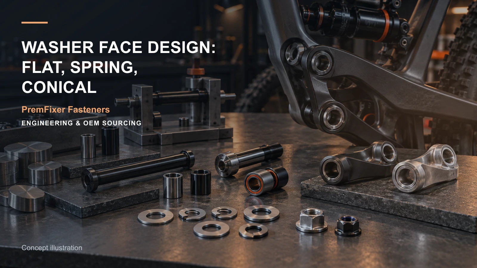 Editorial concept for flat spring and conical washer roles with cards for washer function table, assembly stack model, clamp-and-adjustment distinction.