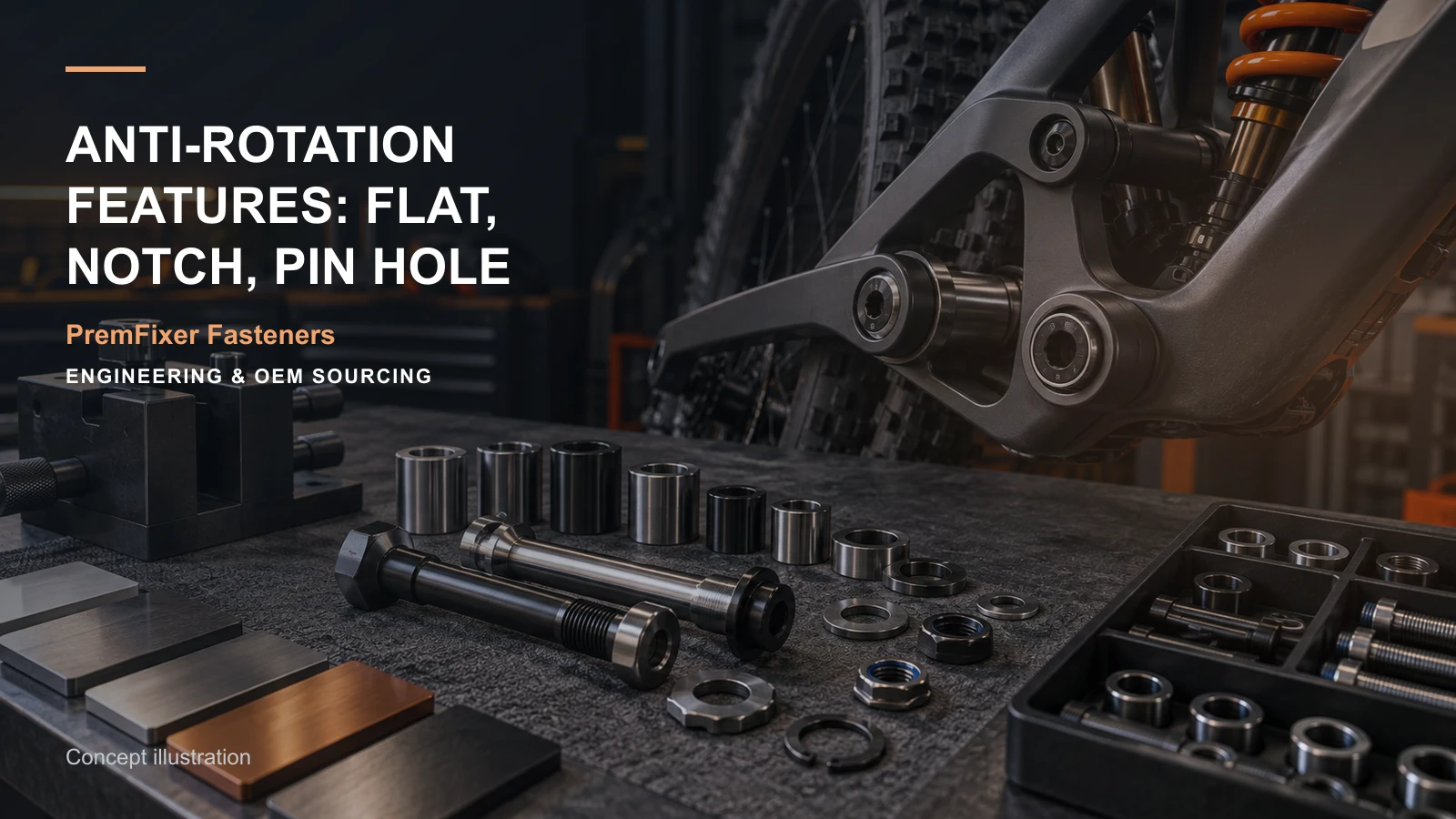 Editorial concept for flats notches and pins for anti-rotation with cards for anti-rotation concept comparison, feature location diagram, workholding concept and setup record.