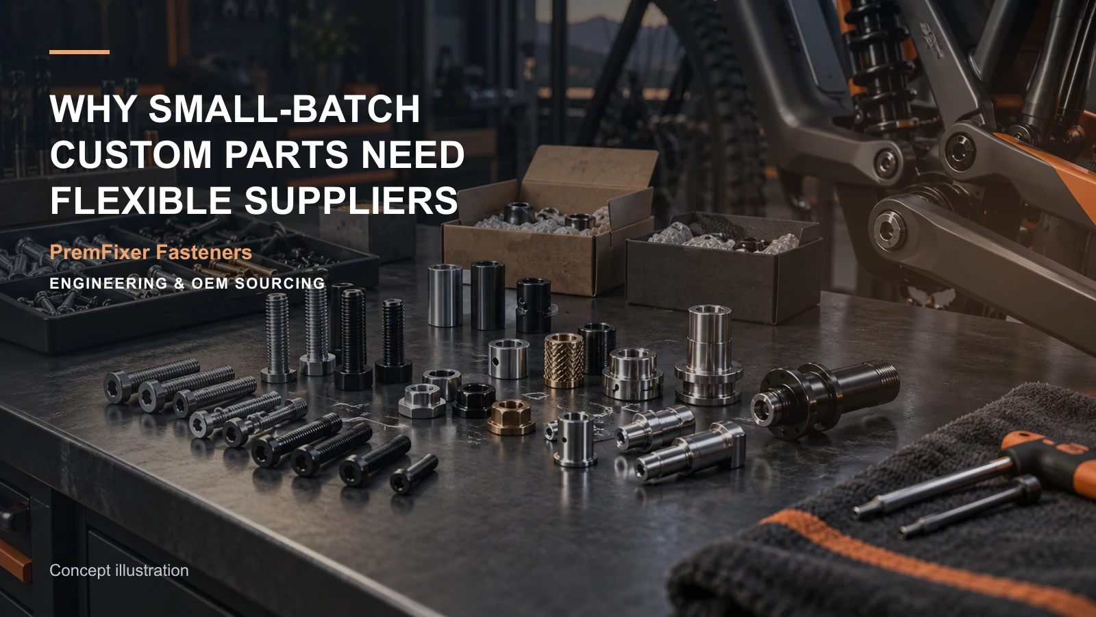 Editorial concept for flexible supply for small custom orders with cards for small-batch order matrix, capacity-to-delivery plan, combined-route map.