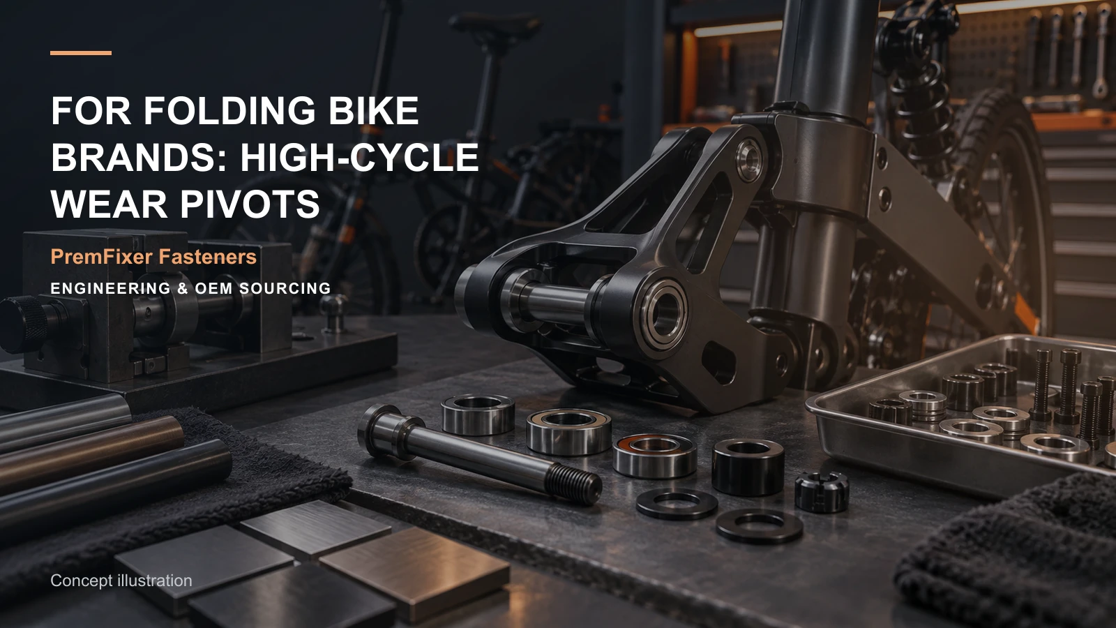 Editorial concept for folding-bike hinge hardware with cards for hinge-duty review, fit-selection worksheet, surface-function table.