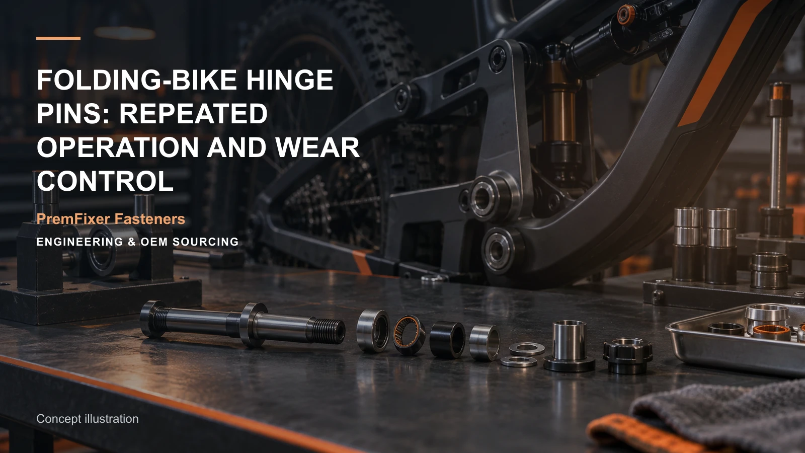 Concept illustration for Folding-Bike Hinge Pins: Repeated Operation and Wear Control.