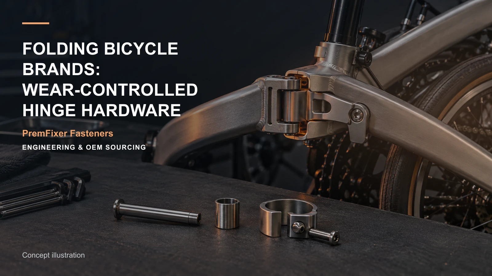 Conceptual engineering workspace introducing folding-bicycle hinge hardware for bicycle and electric-mobility OEM teams.