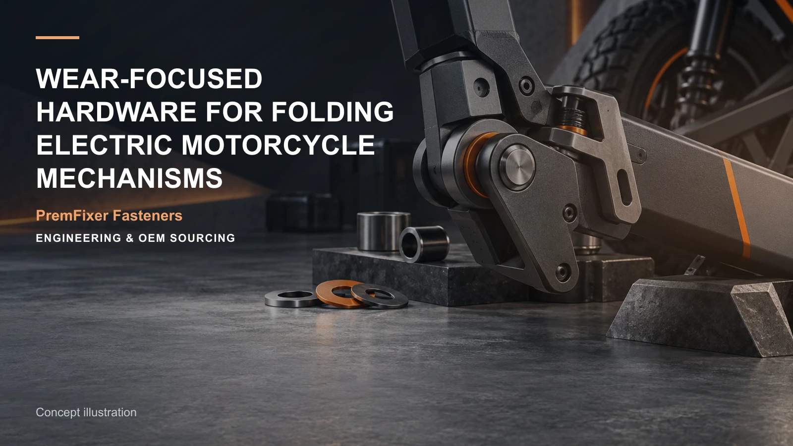 Concept illustration for Wear-Focused Hardware for Folding Electric Motorcycle Mechanisms.
