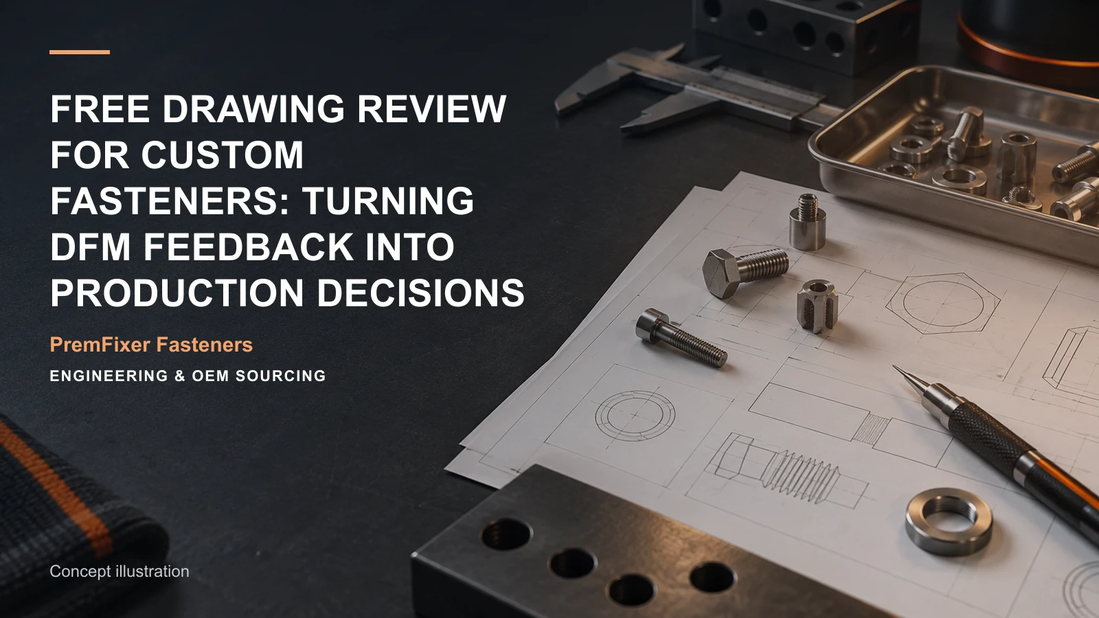 Concept illustration for Free Drawing Review for Custom Fasteners: Turning DFM Feedback into Production Decisions.