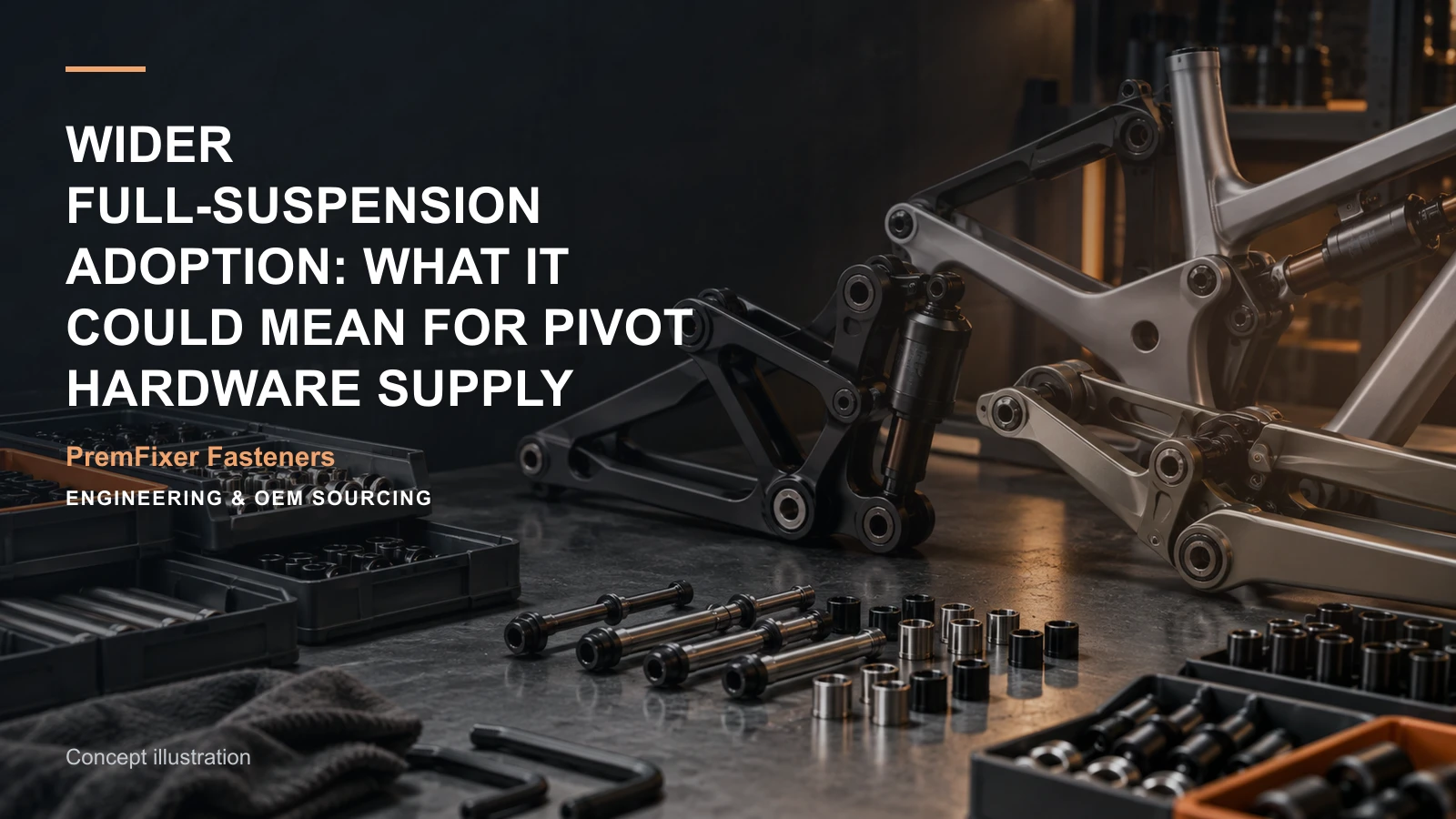 Conceptual engineering workspace introducing full-suspension pivot supply for bicycle and electric-mobility OEM teams.
