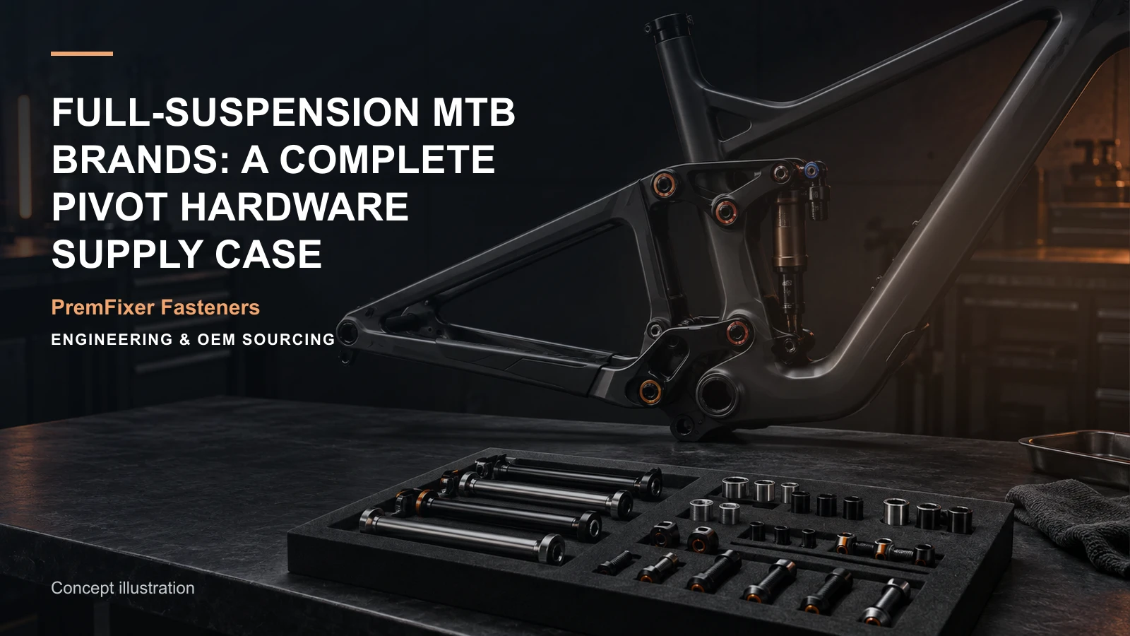 Conceptual engineering workspace introducing full-suspension pivot hardware for bicycle and electric-mobility OEM teams.