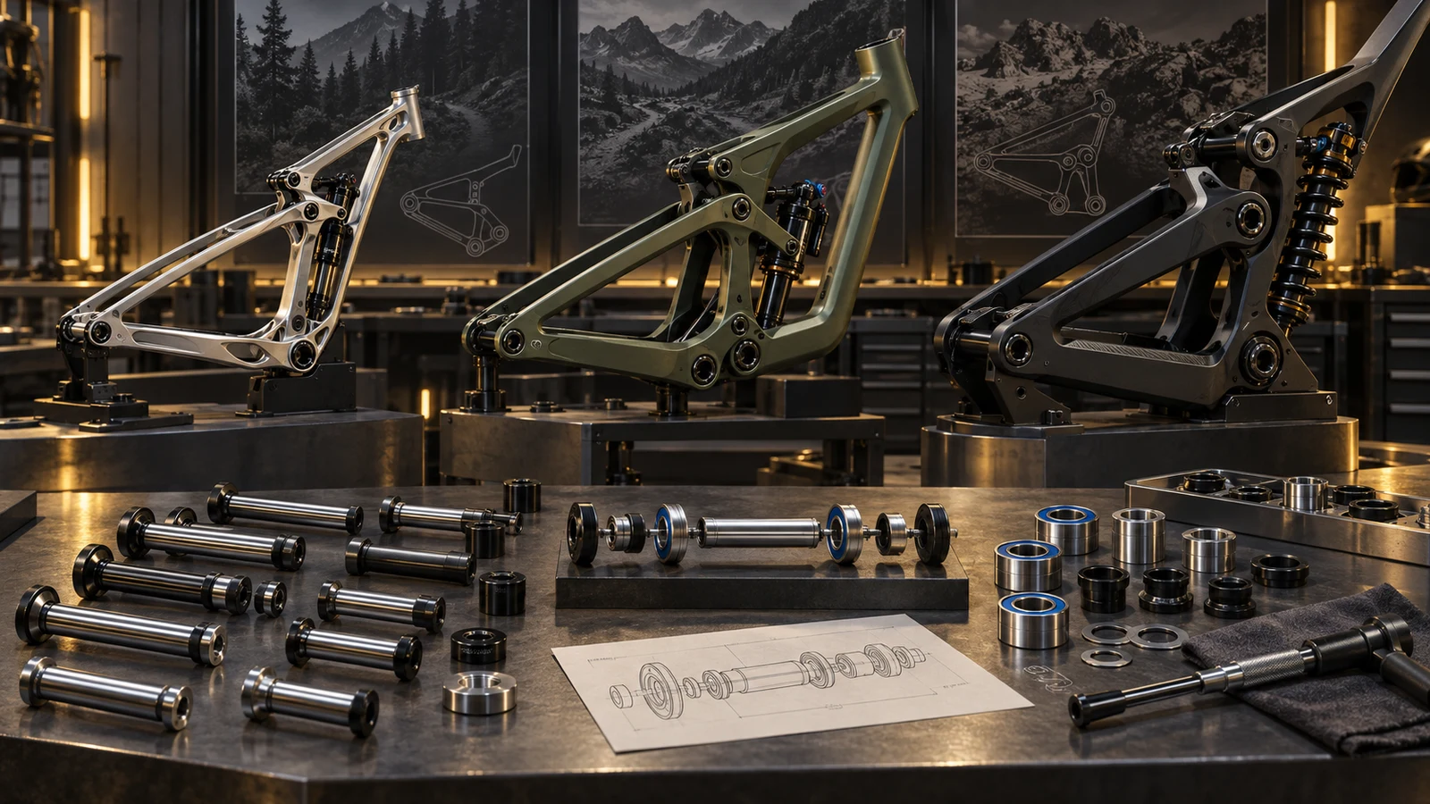 Conceptual comparison of three full-suspension linkage arrangements with custom pivot shafts, bearings and spacers, not approved model-specific assemblies.