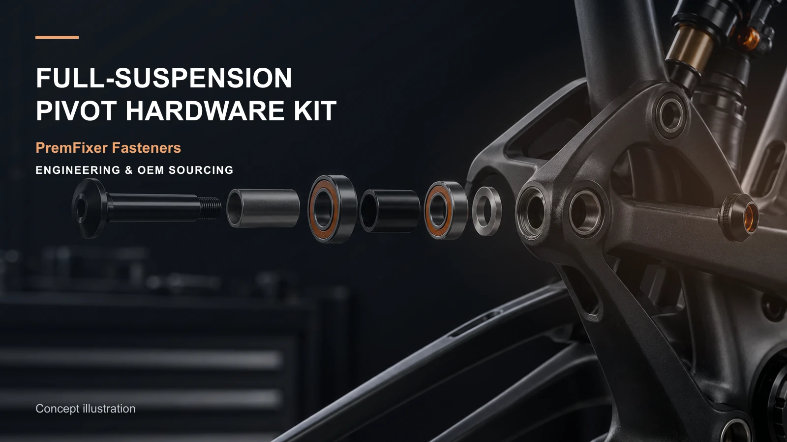 Exploded full-suspension mountain-bike linkage with coordinated pivot axles, sleeves, caps and locking hardware.