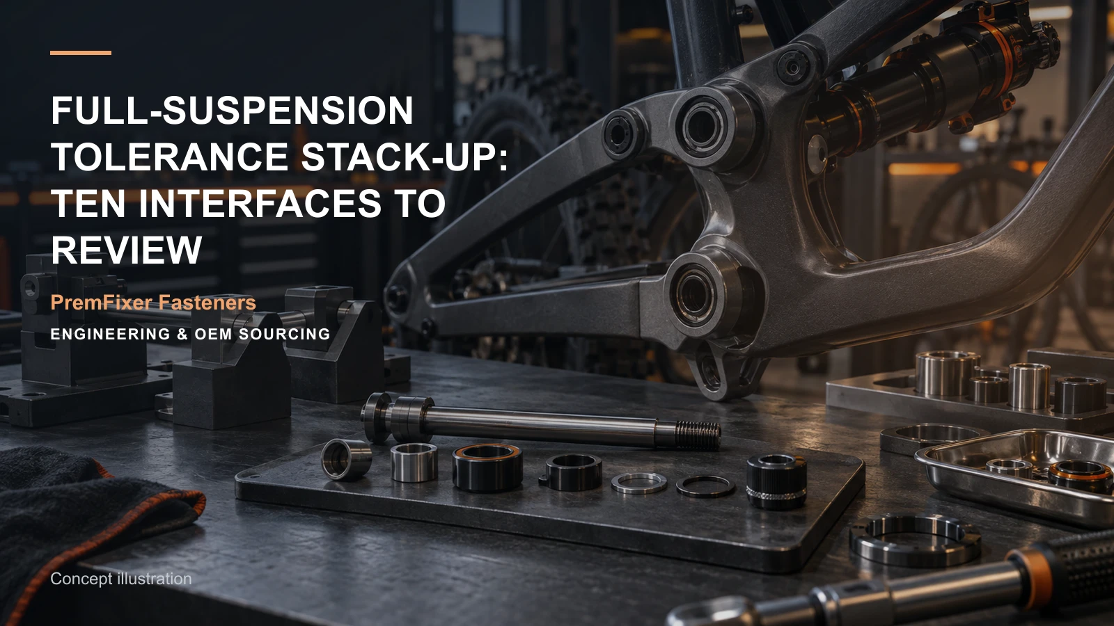 Concept illustration for Full-Suspension Tolerance Stack-Up: Ten Interfaces to Review.
