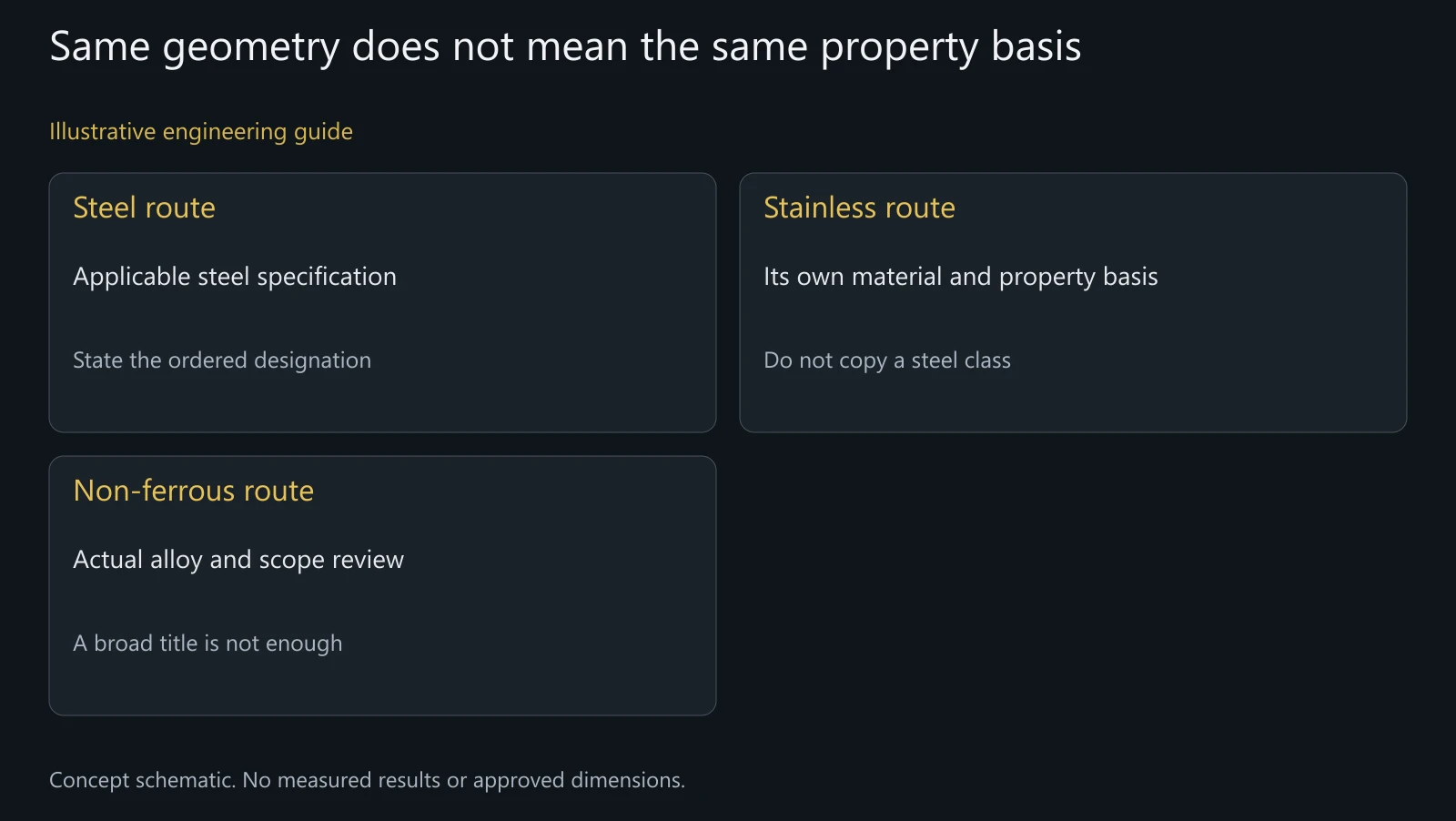 Concept material-route review, not a property-class equivalence table, certified alloy comparison or measured strength result.