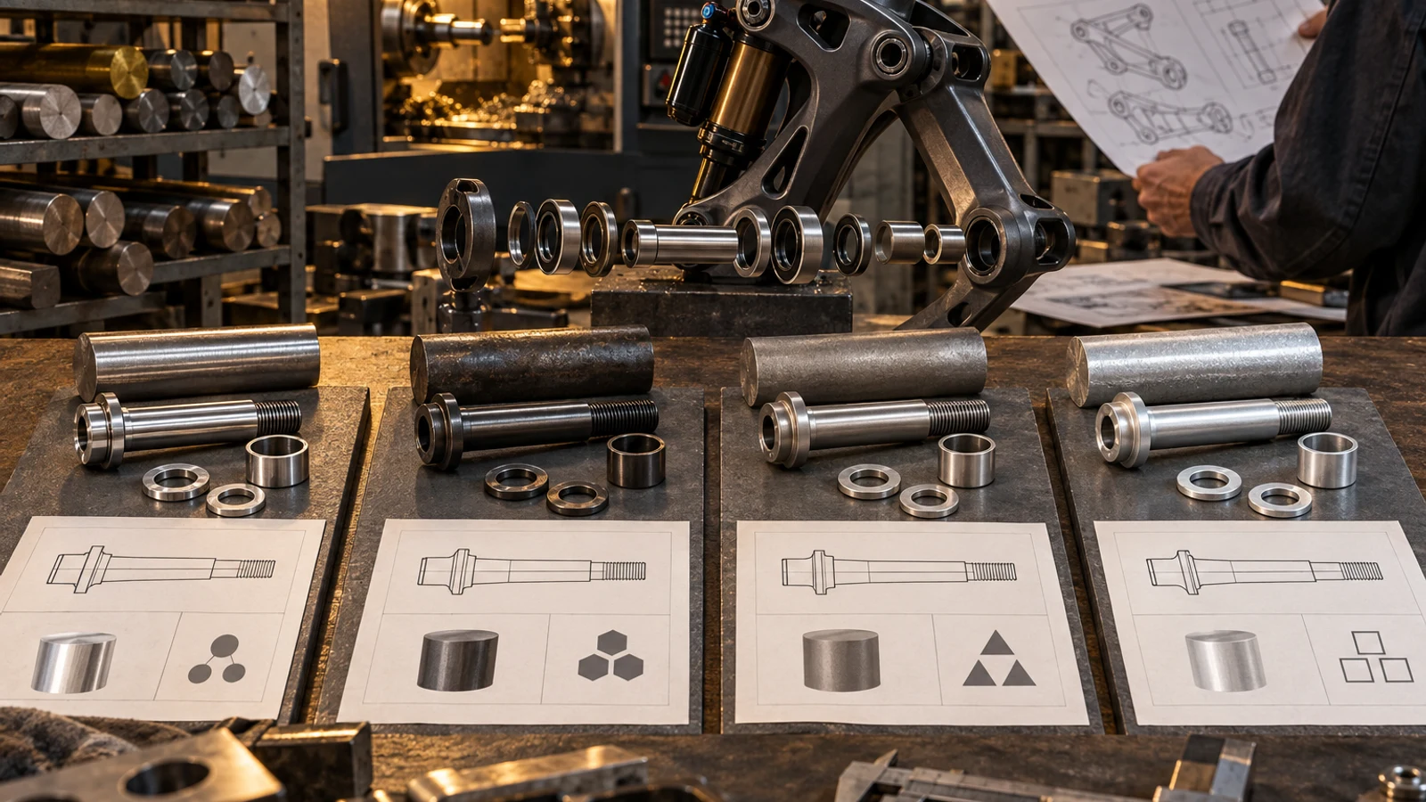 Concept comparison of custom pivots and metal stock at separate review stations with a bicycle bearing stack, not identification of certified alloys, real tests or approved GB drawings.