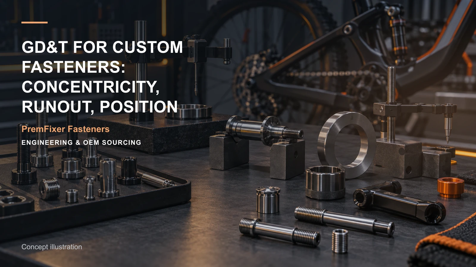Editorial concept for GD&T on custom fasteners with cards for feature-to-inspection map, geometry-method comparison, feature location diagram.