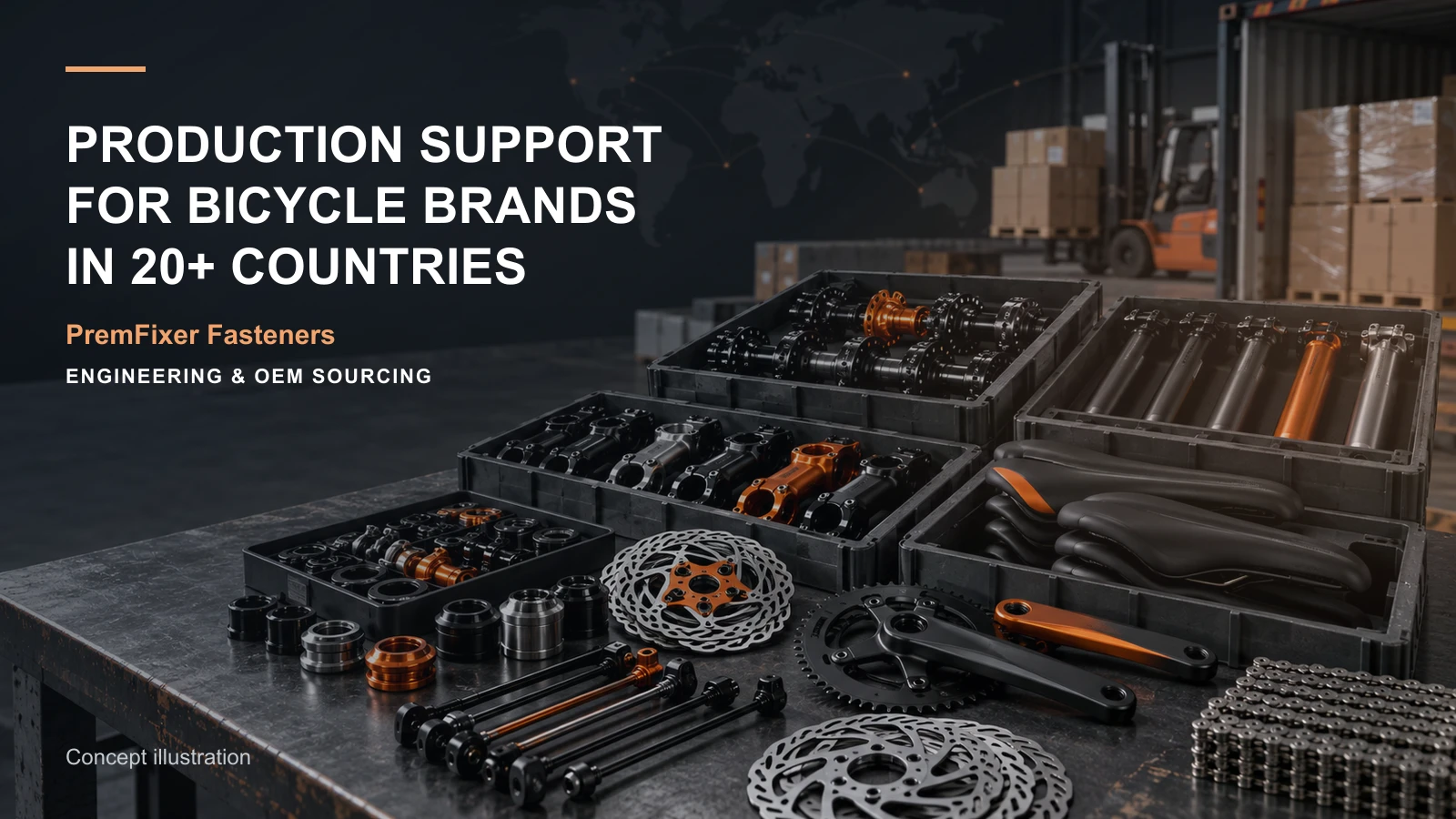 Concept illustration connecting global production program, material options and recurring orders in a bicycle hardware project.