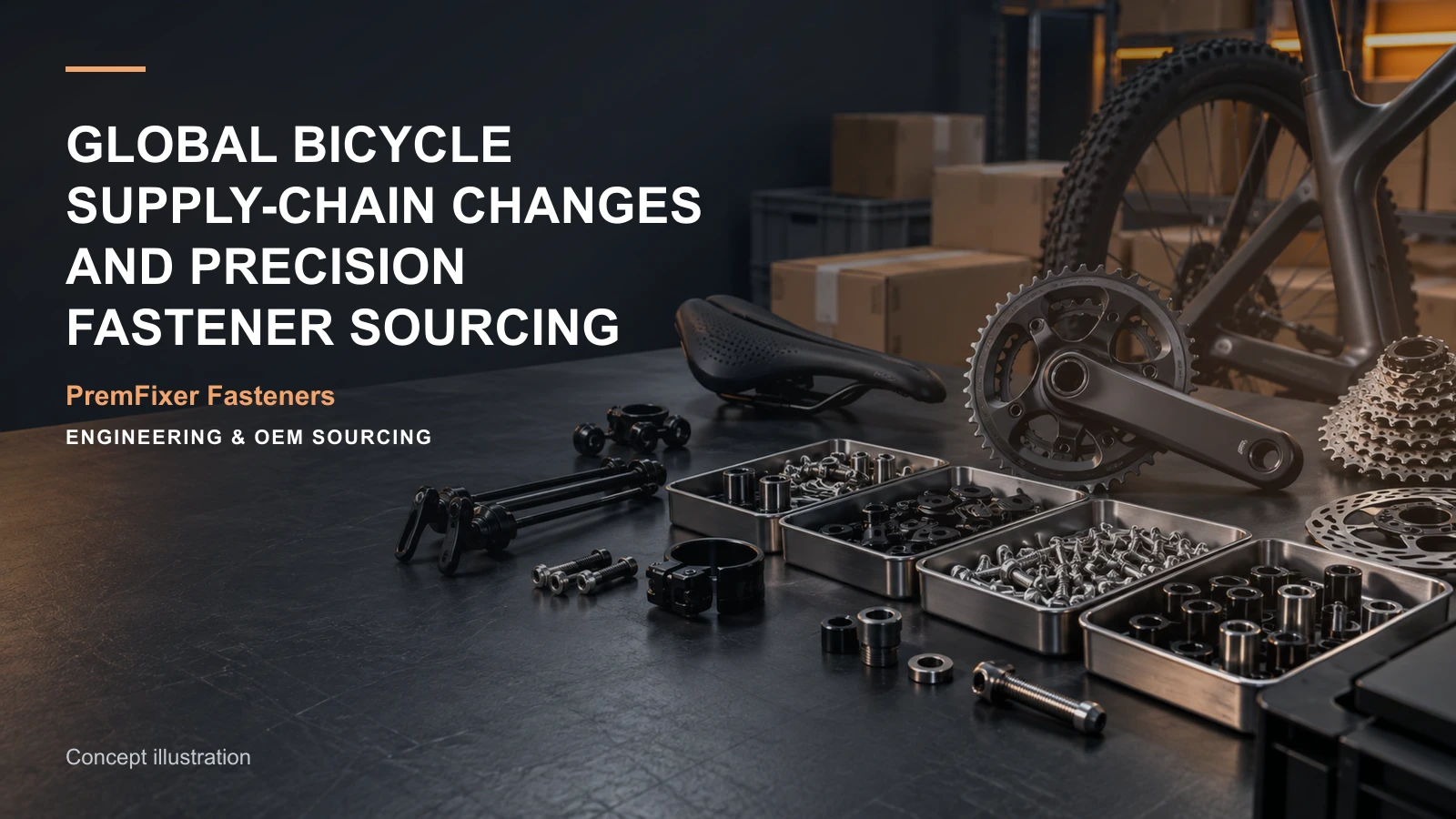Conceptual engineering workspace introducing global precision-hardware sourcing for bicycle and electric-mobility OEM teams.