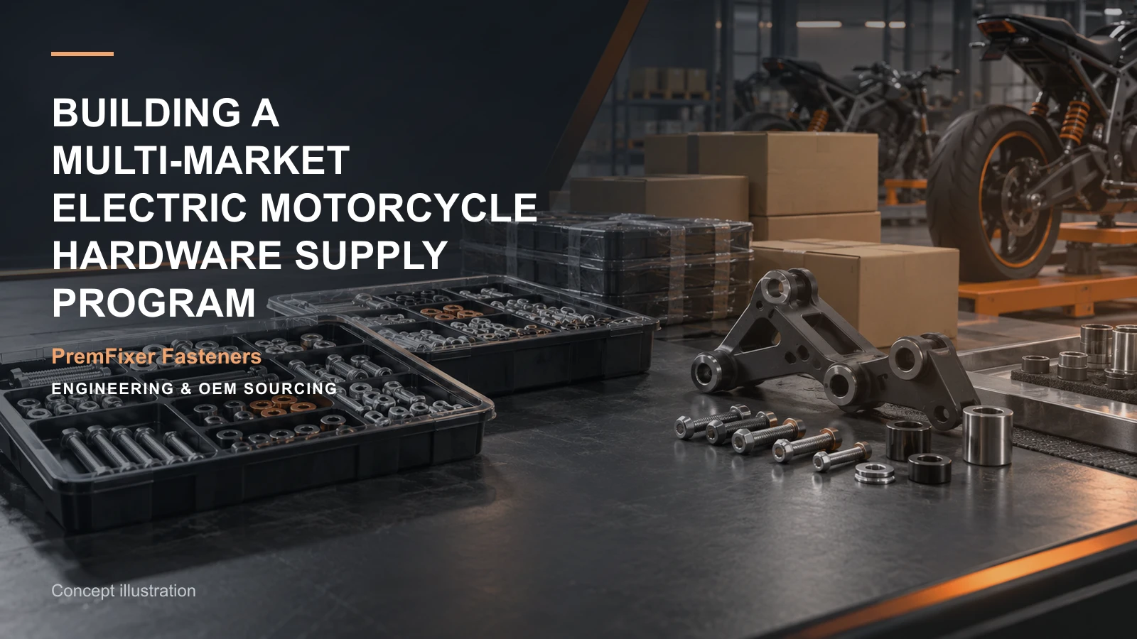 Concept illustration for Building a Multi-Market Electric Motorcycle Hardware Supply Program.