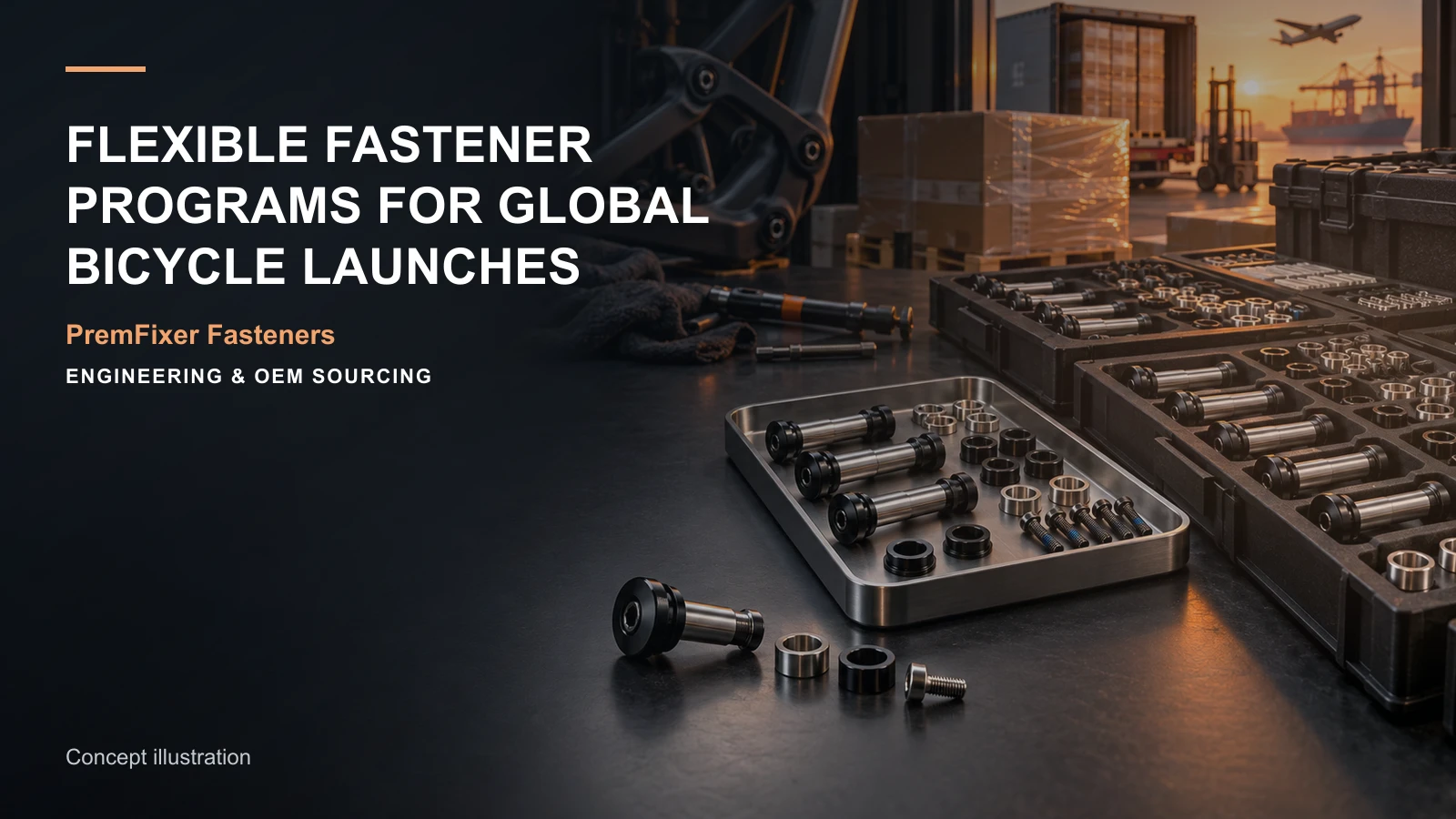 Prototype, pilot and production bicycle fastener trays arranged as a controlled global launch program.