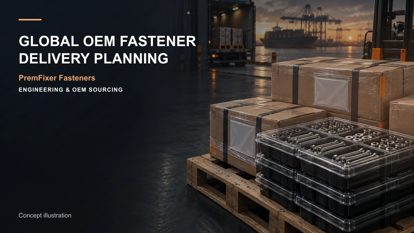 Conceptual global OEM delivery scene with protected fastener trays, export cartons and blank lot-document placeholders.