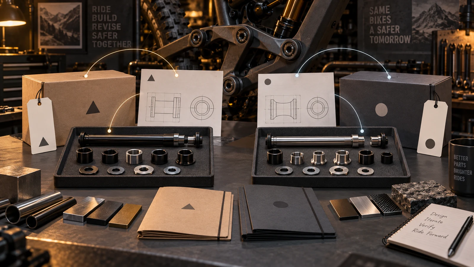 Concept linkage between two pivot-hardware variants, their packing boxes and neutral technical folders, not GPSR certification or a deployed serial-traceability system.