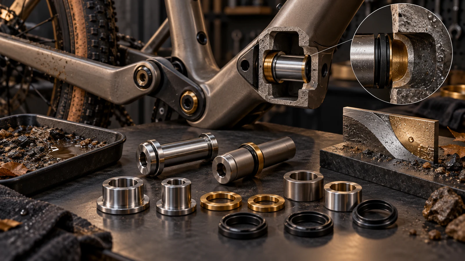 Conceptual gravel frame interface and custom hardware showing exposed surfaces and hidden receiver contacts, not tested specimens or actual corrosion results.