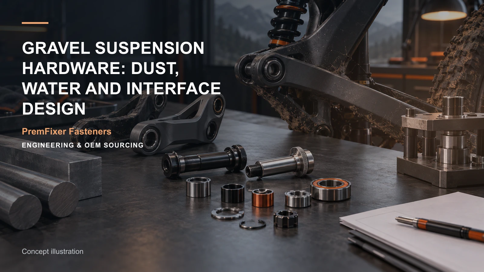 Concept illustration for Gravel Suspension Hardware: Dust, Water and Interface Design.