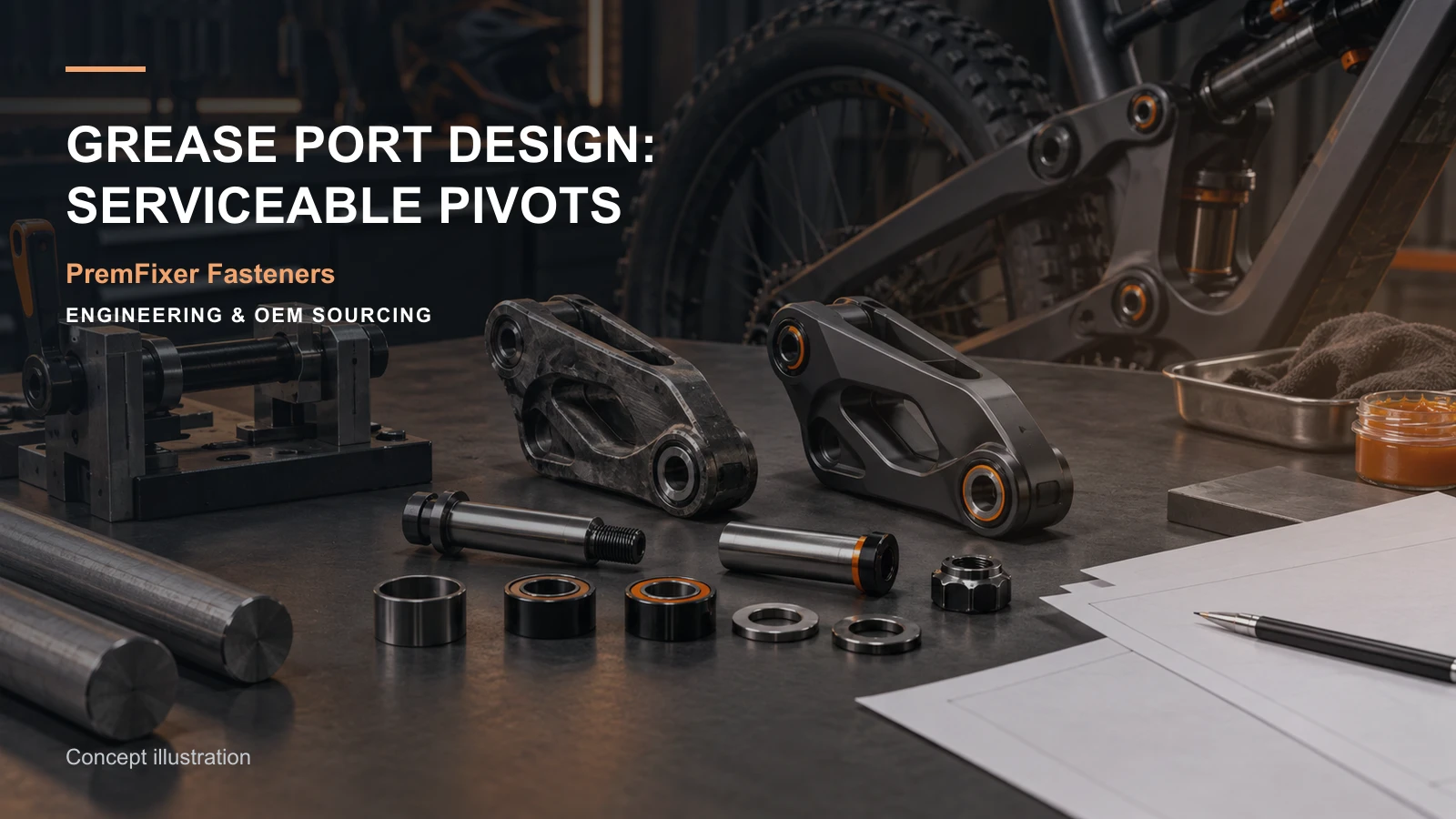 Editorial concept for grease-port design for pivots with cards for lubrication path concept, sealing-interface map, feature location diagram.