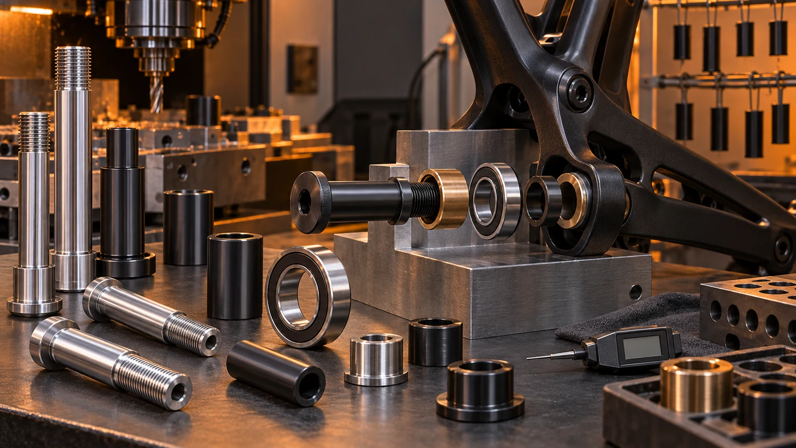 Concept illustration of untreated and dark-finished pivot axles, bearing rings and sleeves in an exploded linkage interface; blank probe display does not show a test result.