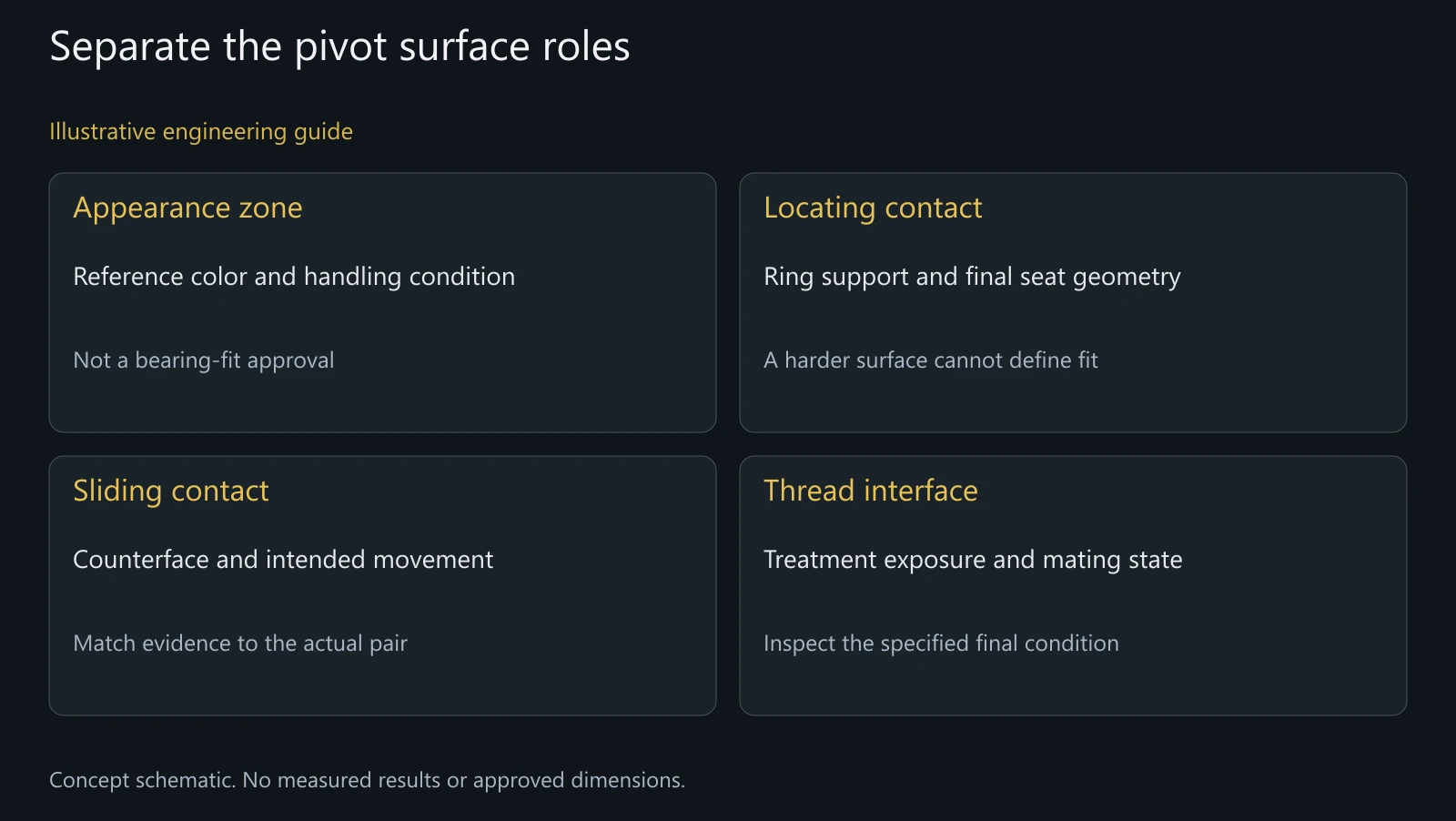 Concept map of different surface functions on pivot hardware; no measured hardness or approved contact geometry is shown.