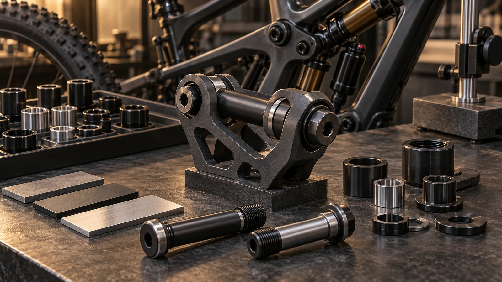 Concept illustration of aluminum pivot axles, receivers, bushings and counterfaces in a linkage review context; not a coating-thickness or wear-test result.